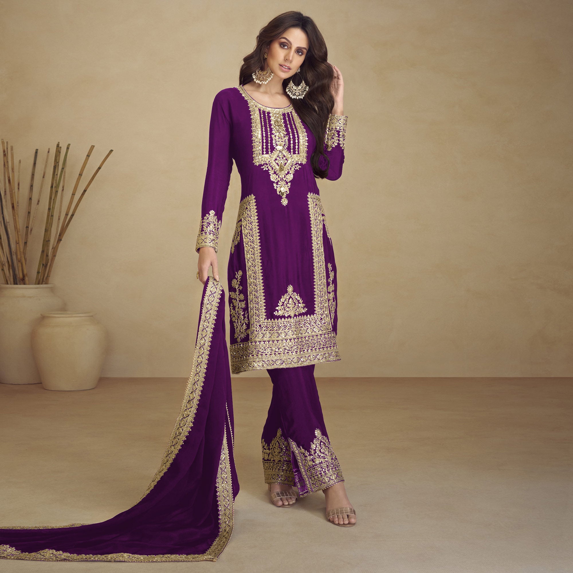 Purple Floral Sequins Embroidered Georgette Semi Stitched Salwar Suit