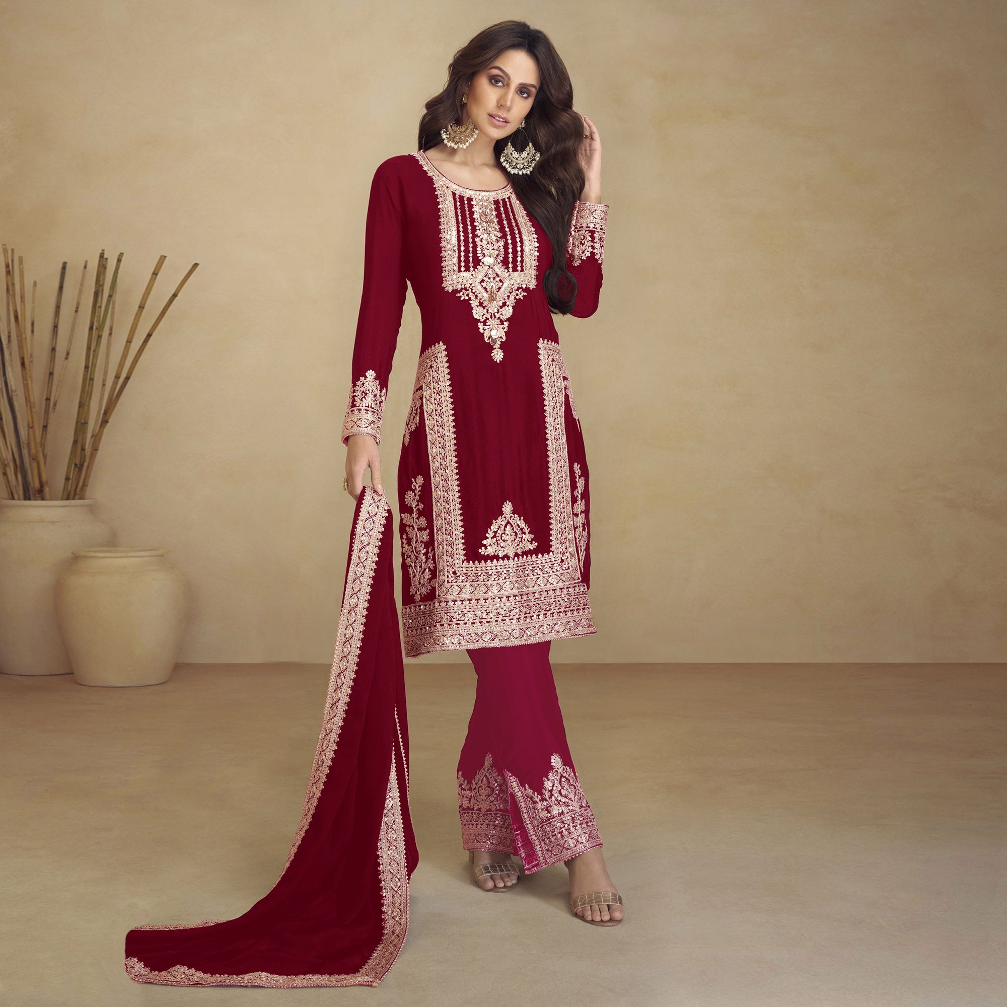 Maroon Floral Sequins Embroidered Georgette Semi Stitched Salwar Suit