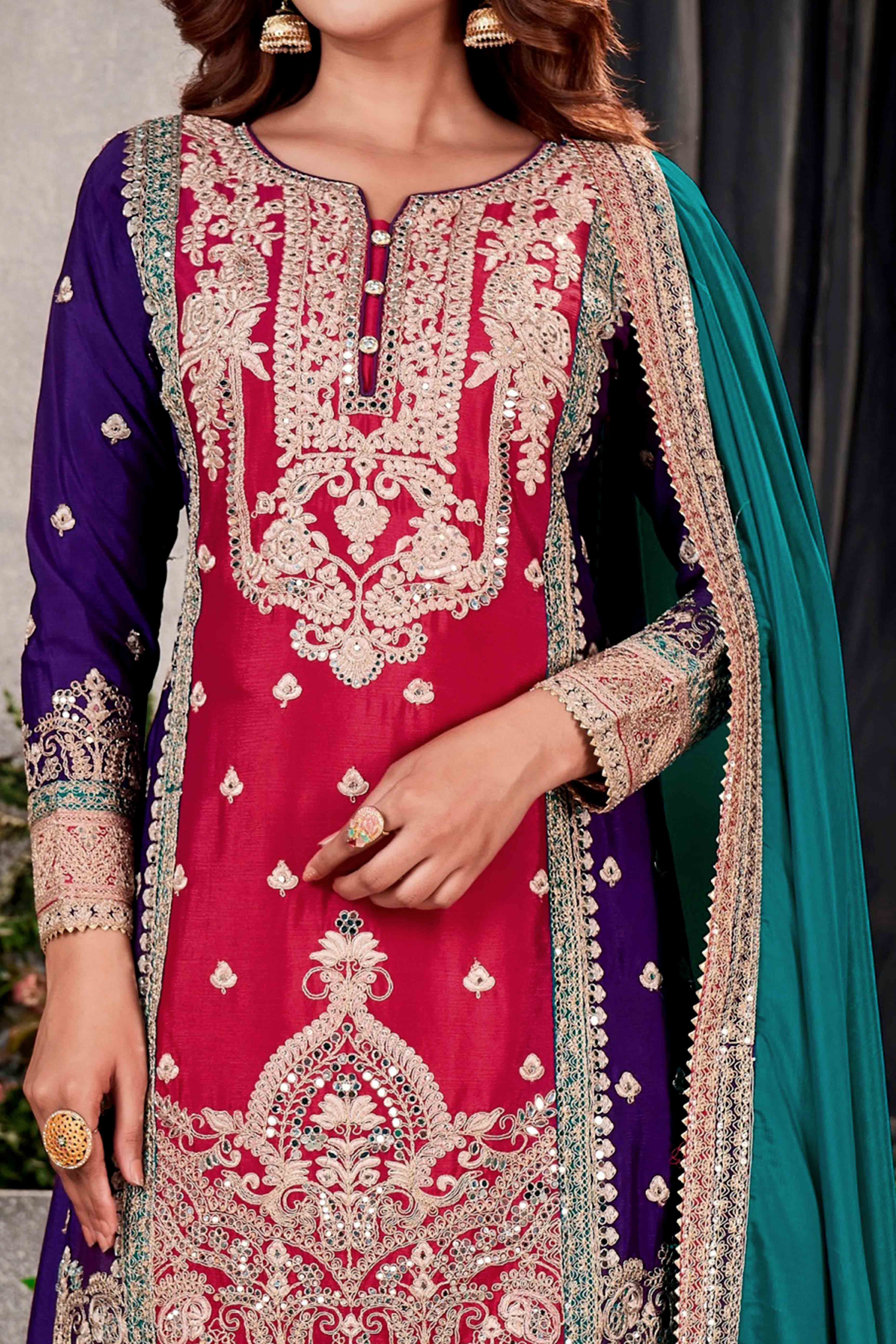 Purple & Pink Floral Sequins Embroidered Chinon Silk Semi Stitched Palazzo Suit