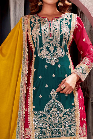 Cherry Red & Teal Green Floral Sequins Embroidered Chinon Silk Semi Stitched Palazzo Suit