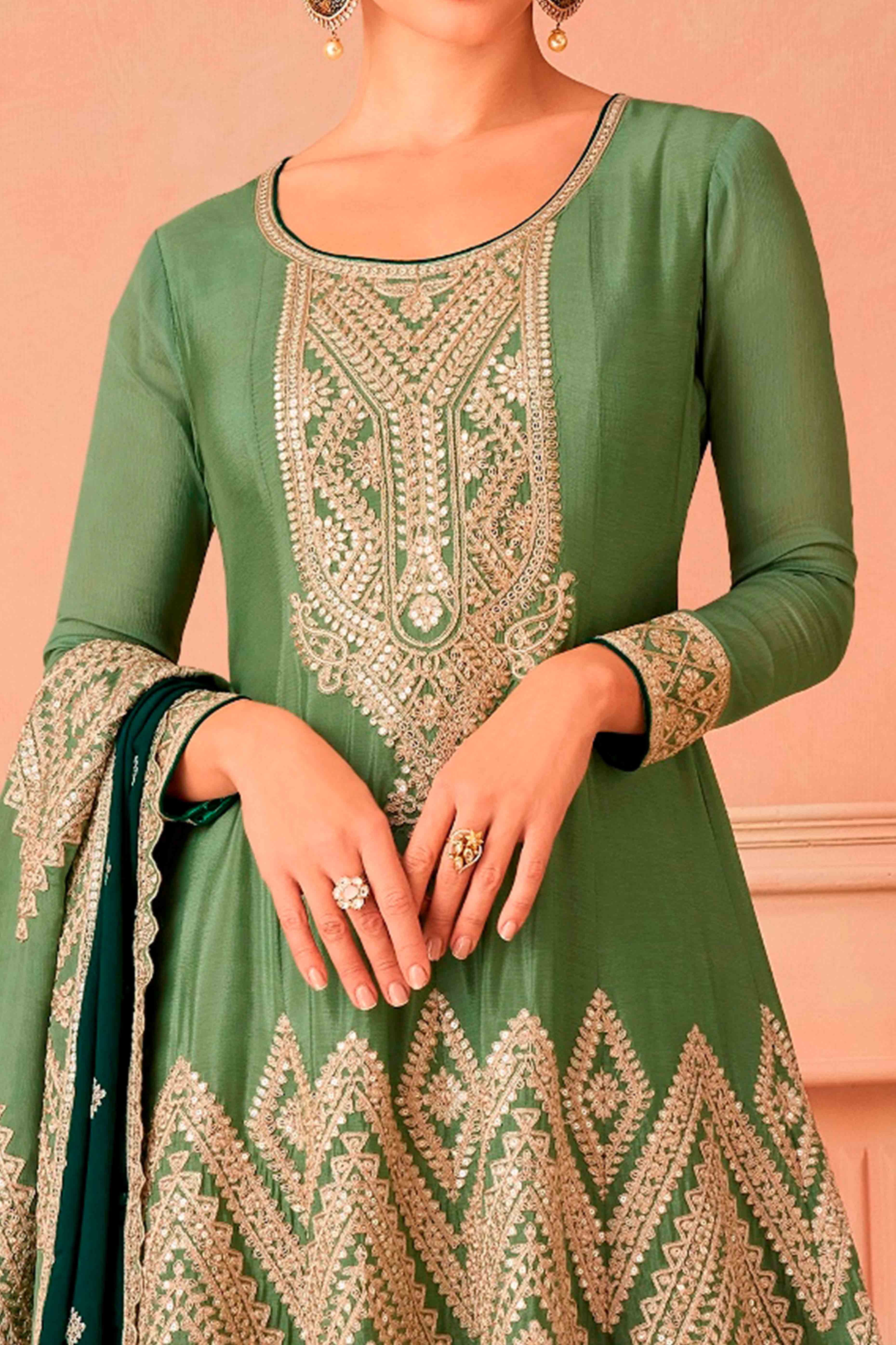 Green Floral Sequins Embroidered Chinon Suit