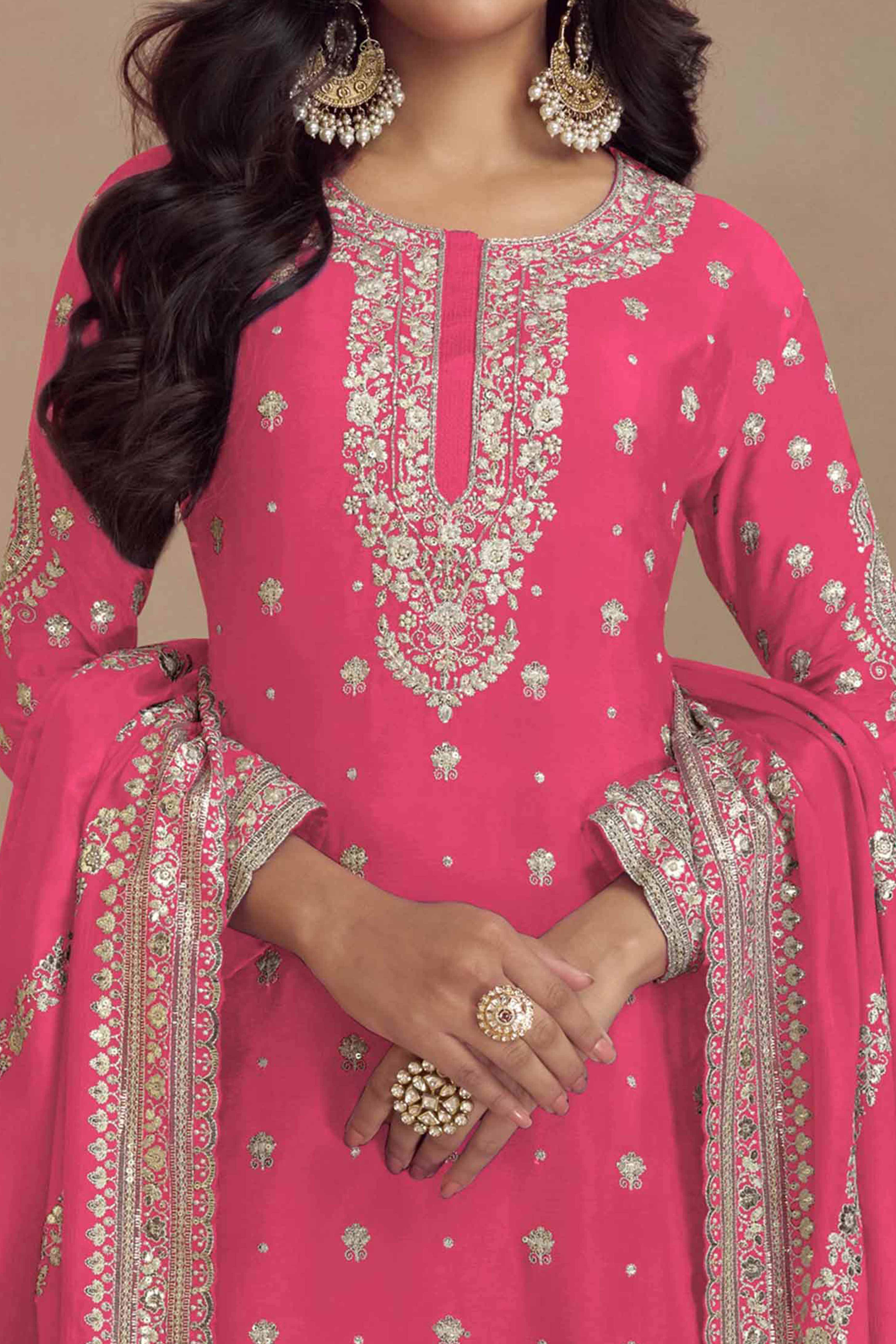 Pink Floral Sequins Embroidered Satin Silk Semi Stitched Suit