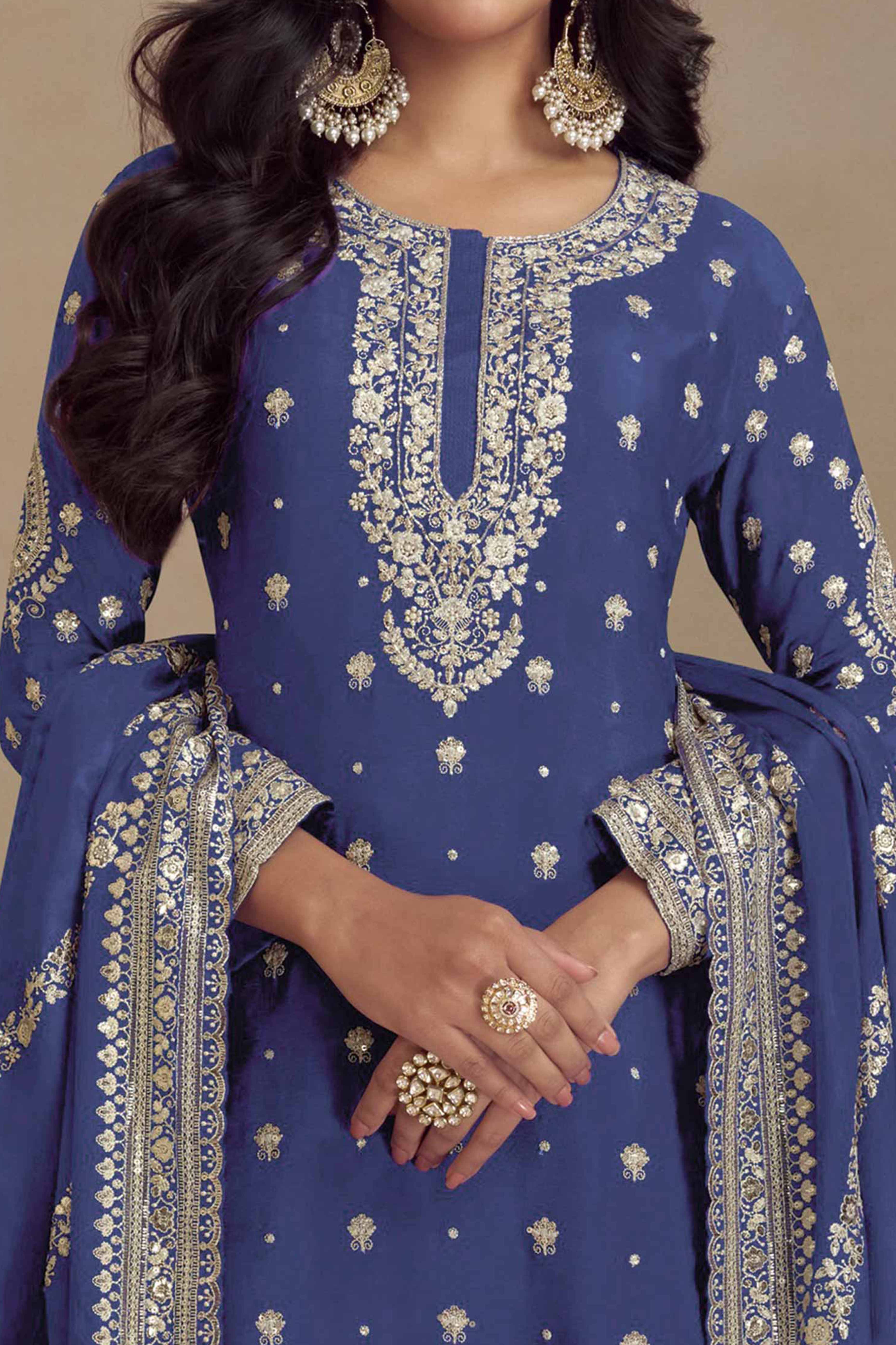 Blue Floral Sequins Embroidered Satin Silk Semi Stitched Suit