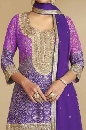 Purple Embroidered Chinon Palazzo Suit