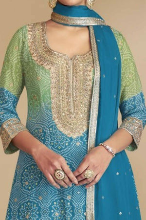 Sky Blue Embroidered Chinon Palazzo Suit
