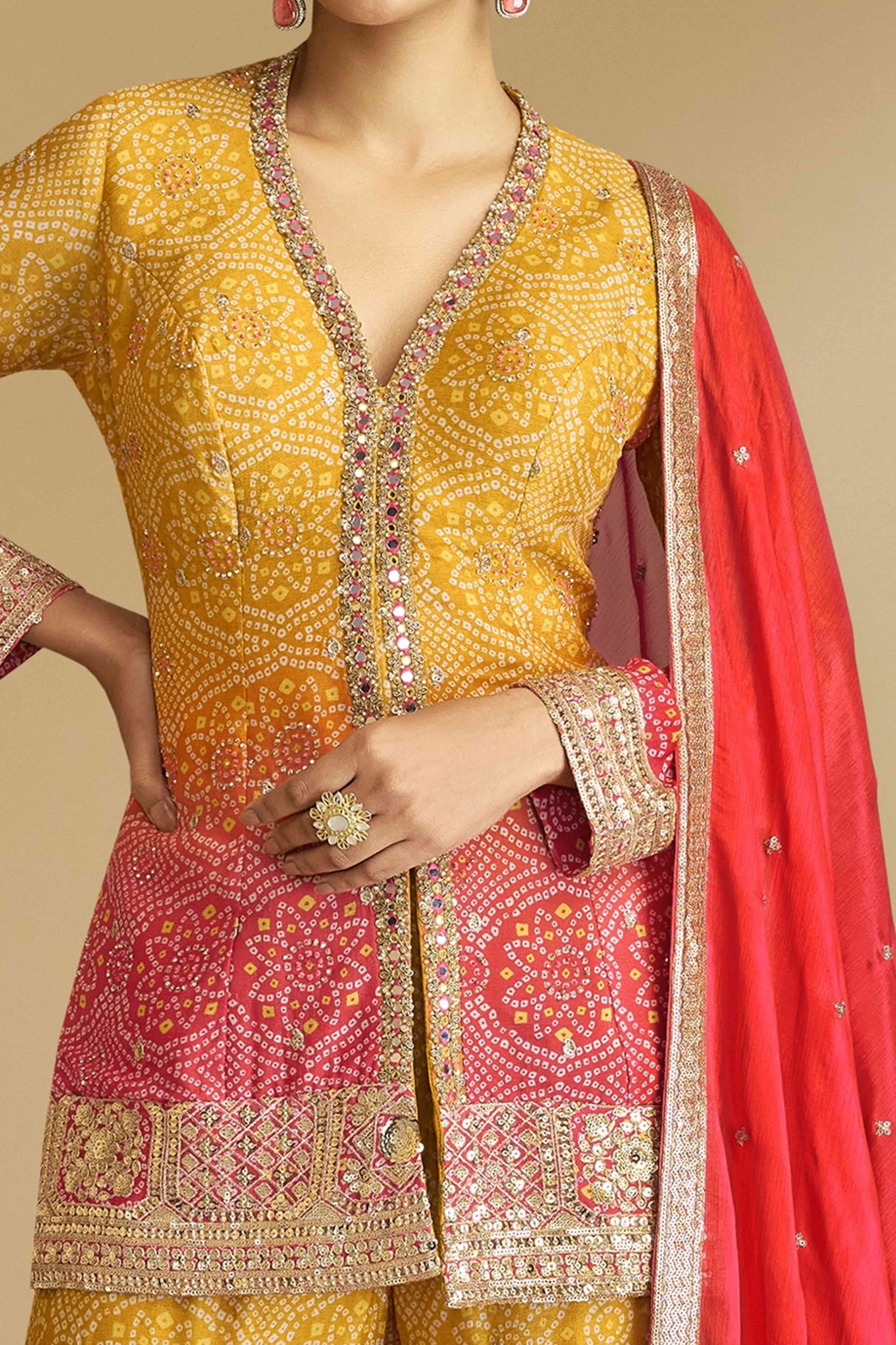 Yellow & Red Bandhani Print With Sequins Embroidered Chinon Palazzo Suit