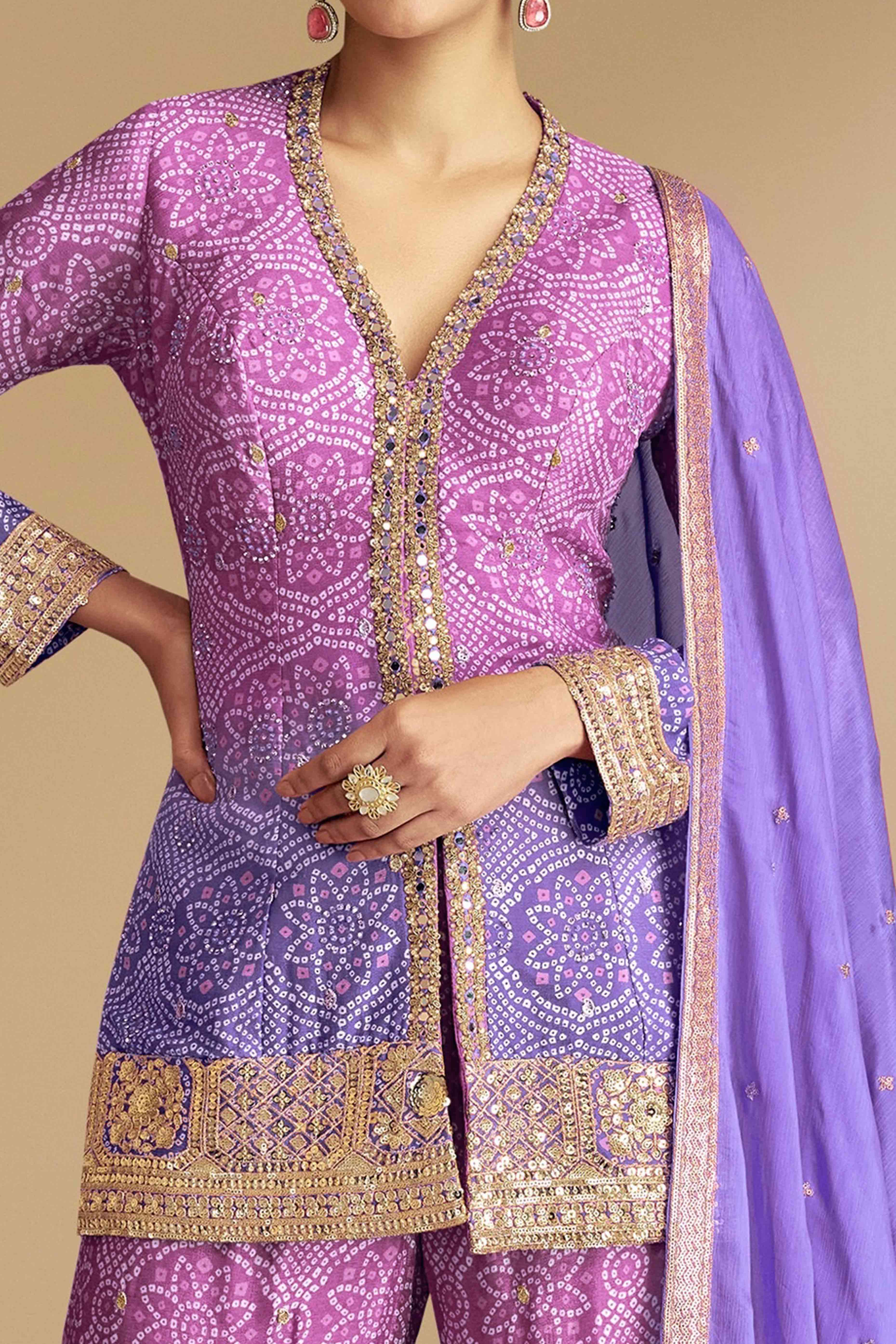 Purple & Lavender Bandhani Print With Sequins Embroidered Chinon Palazzo Suit