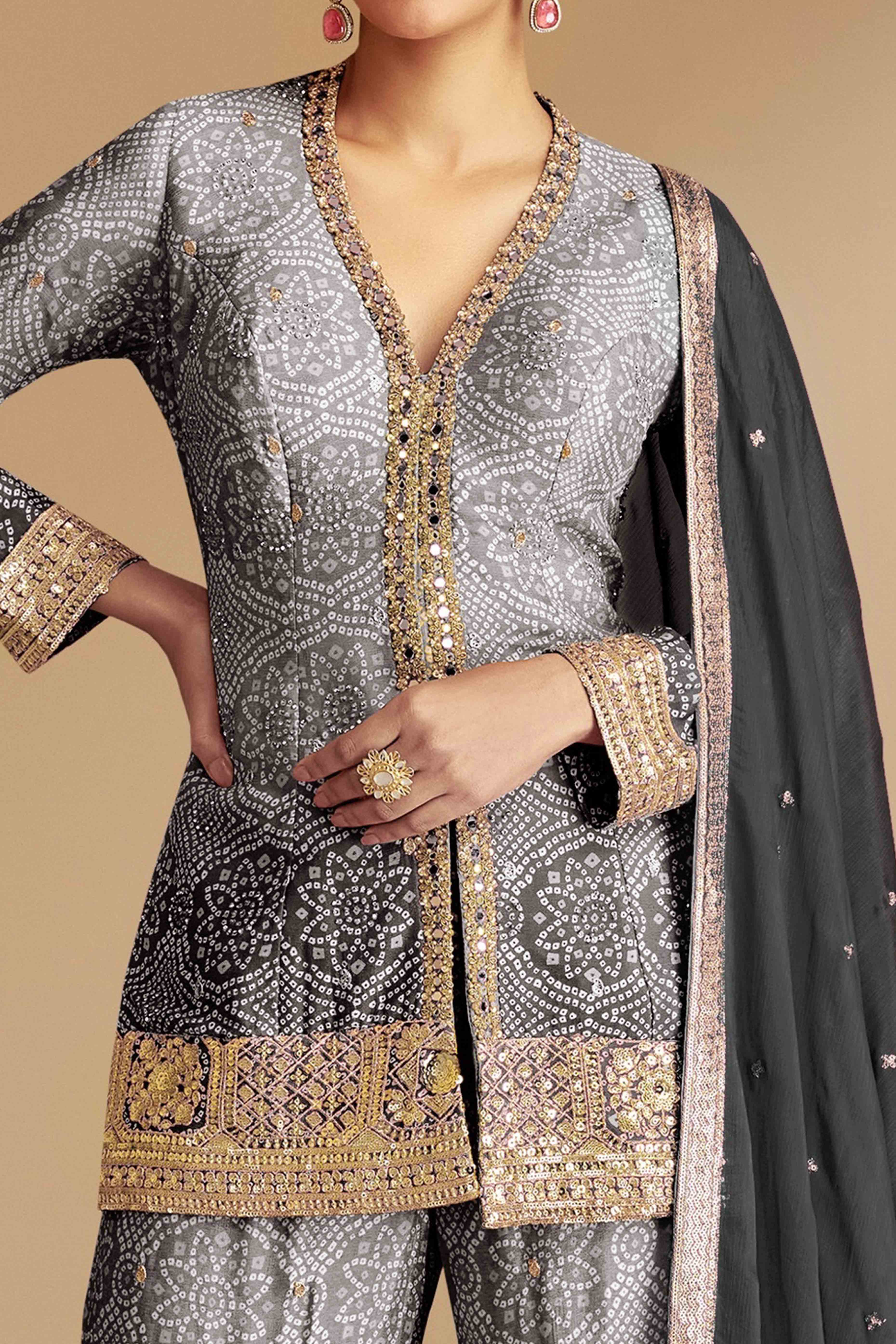 Grey & Black Bandhani Print With Sequins Embroidered Chinon Palazzo Suit