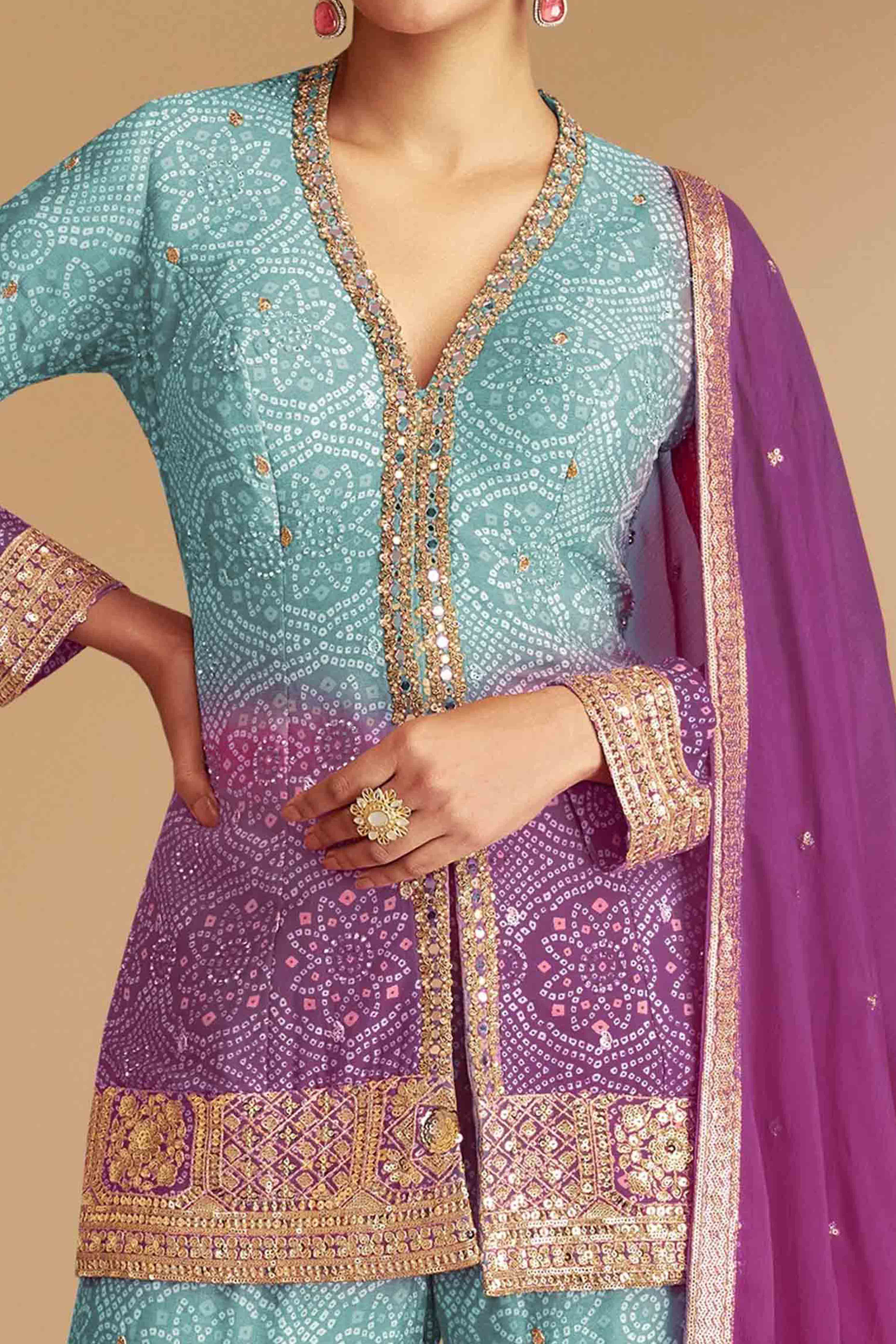 Blue & Purple Bandhani Print With Sequins Embroidered Chinon Palazzo Suit