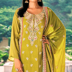Mustard Sequins Embroidered Chinon Semi Stitched Salwar Suit