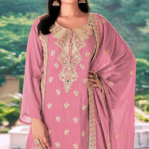 Pink Sequins Embroidered Chinon Semi Stitched Salwar Suit
