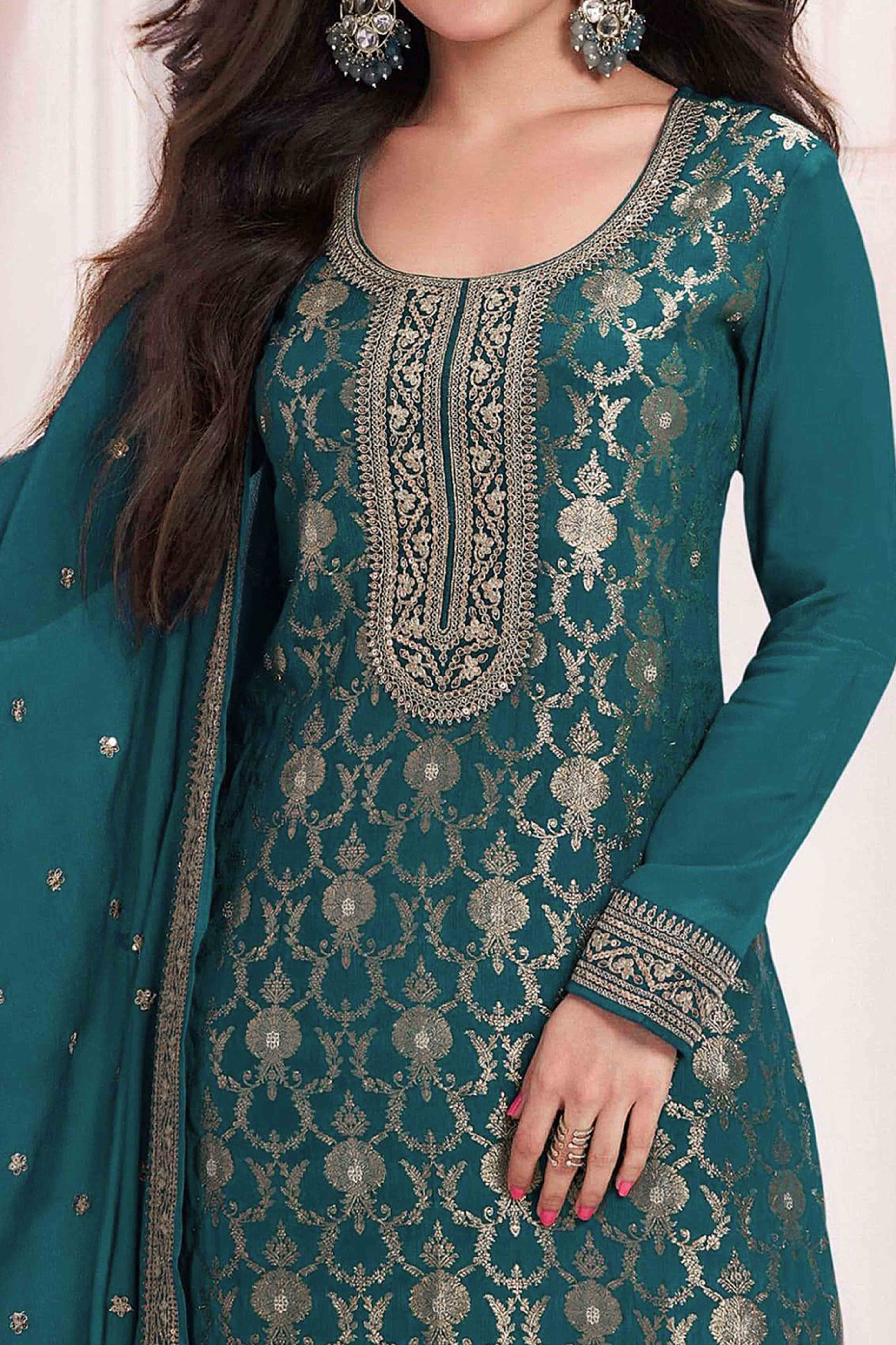 Teal Woven With Embroidered Jacquard Viscose Semi Stitched Salwar Suit