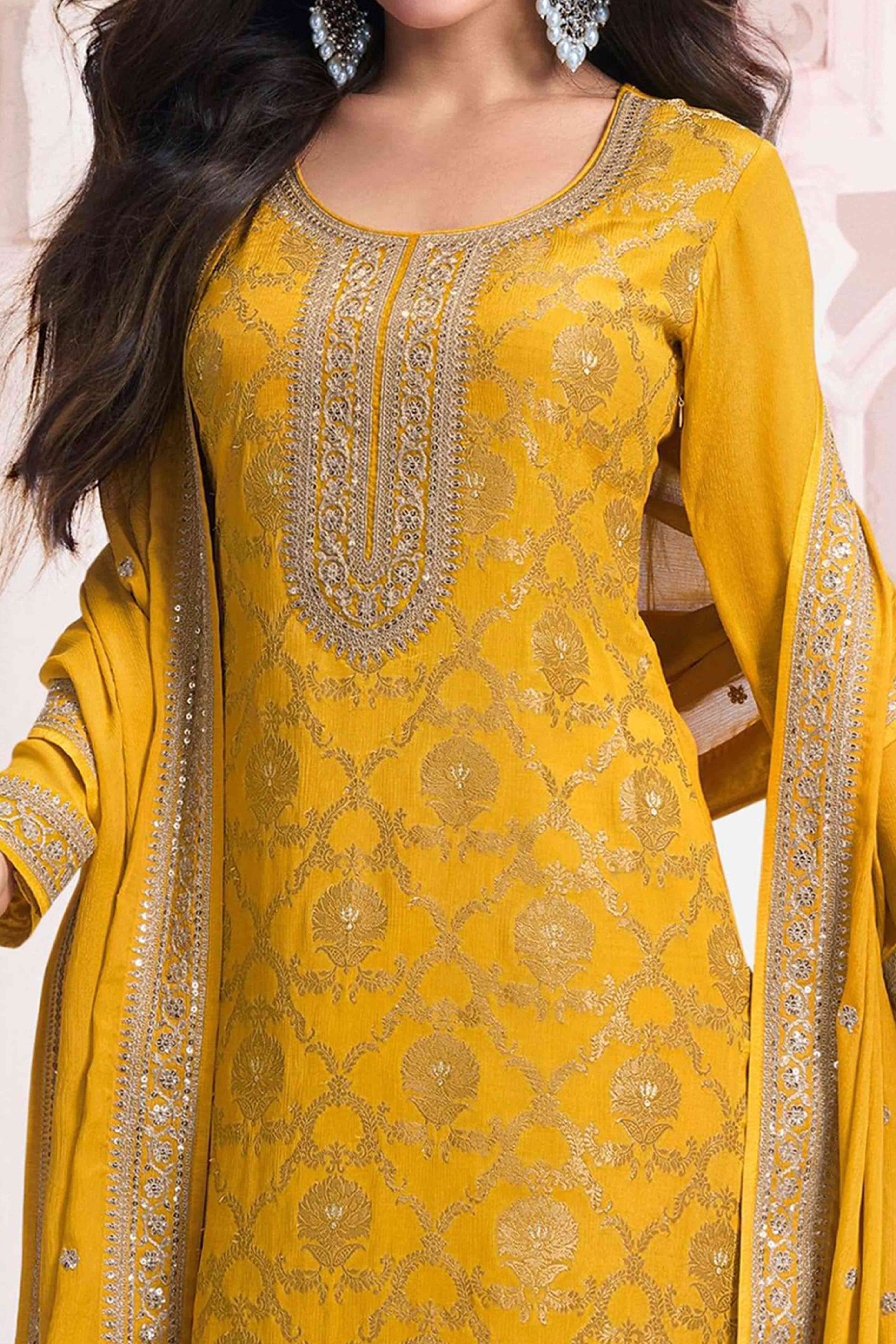 Yellow Woven With Embroidered Jacquard Viscose Semi Stitched Salwar Suit