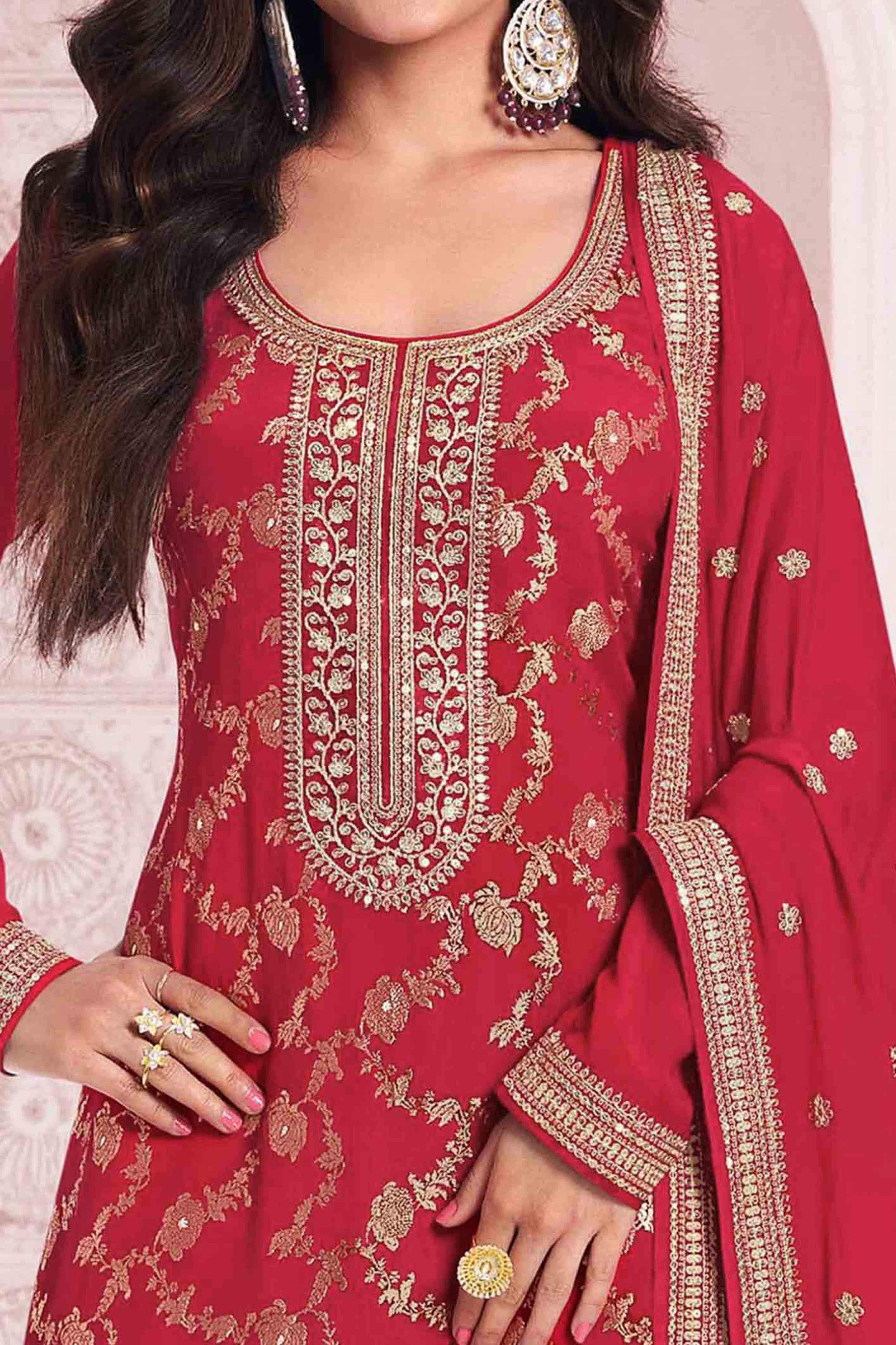 Red Woven With Embroidered Jacquard Viscose Semi Stitched Salwar Suit