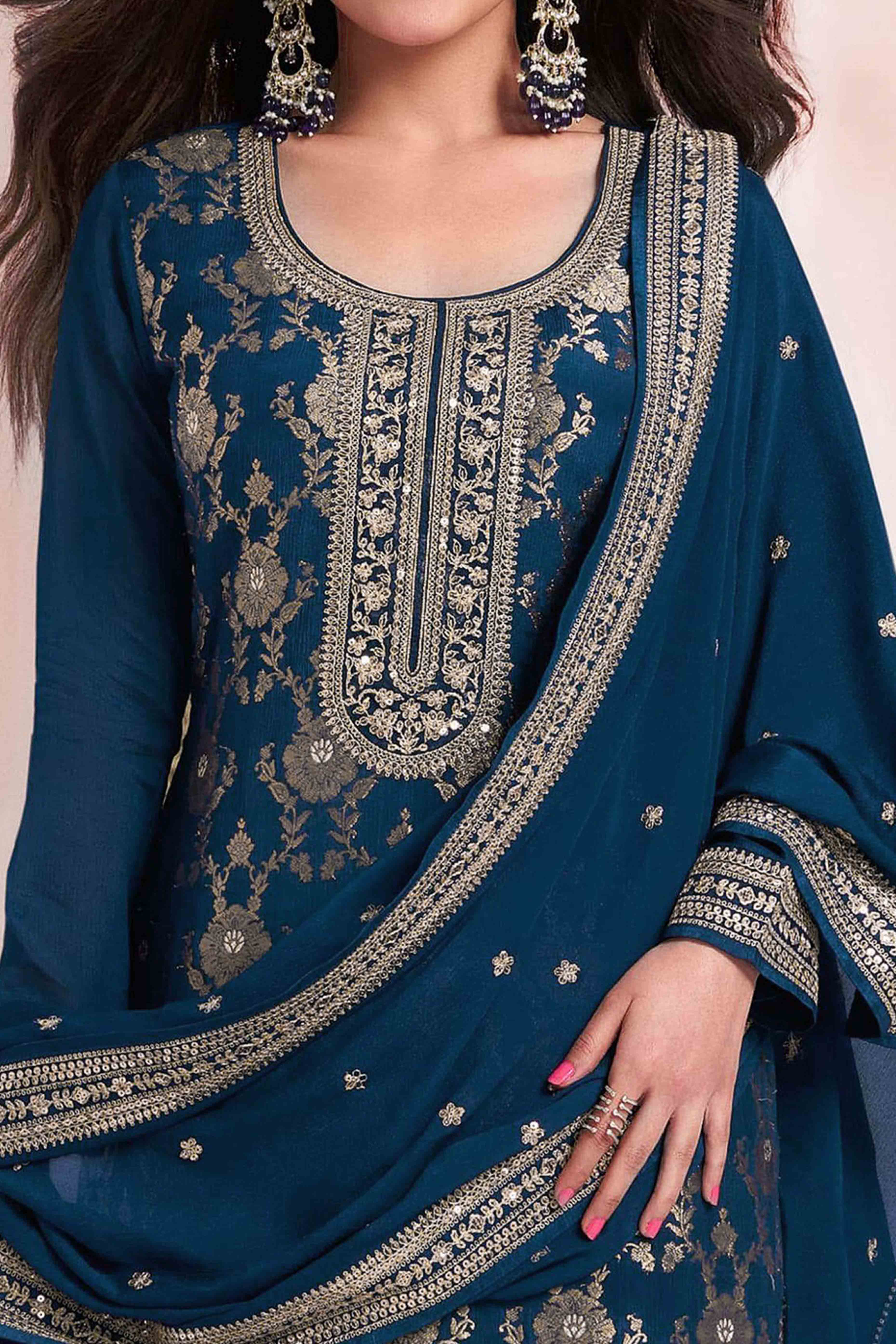 Blue Woven With Embroidered Jacquard Viscose Semi Stitched Salwar Suit