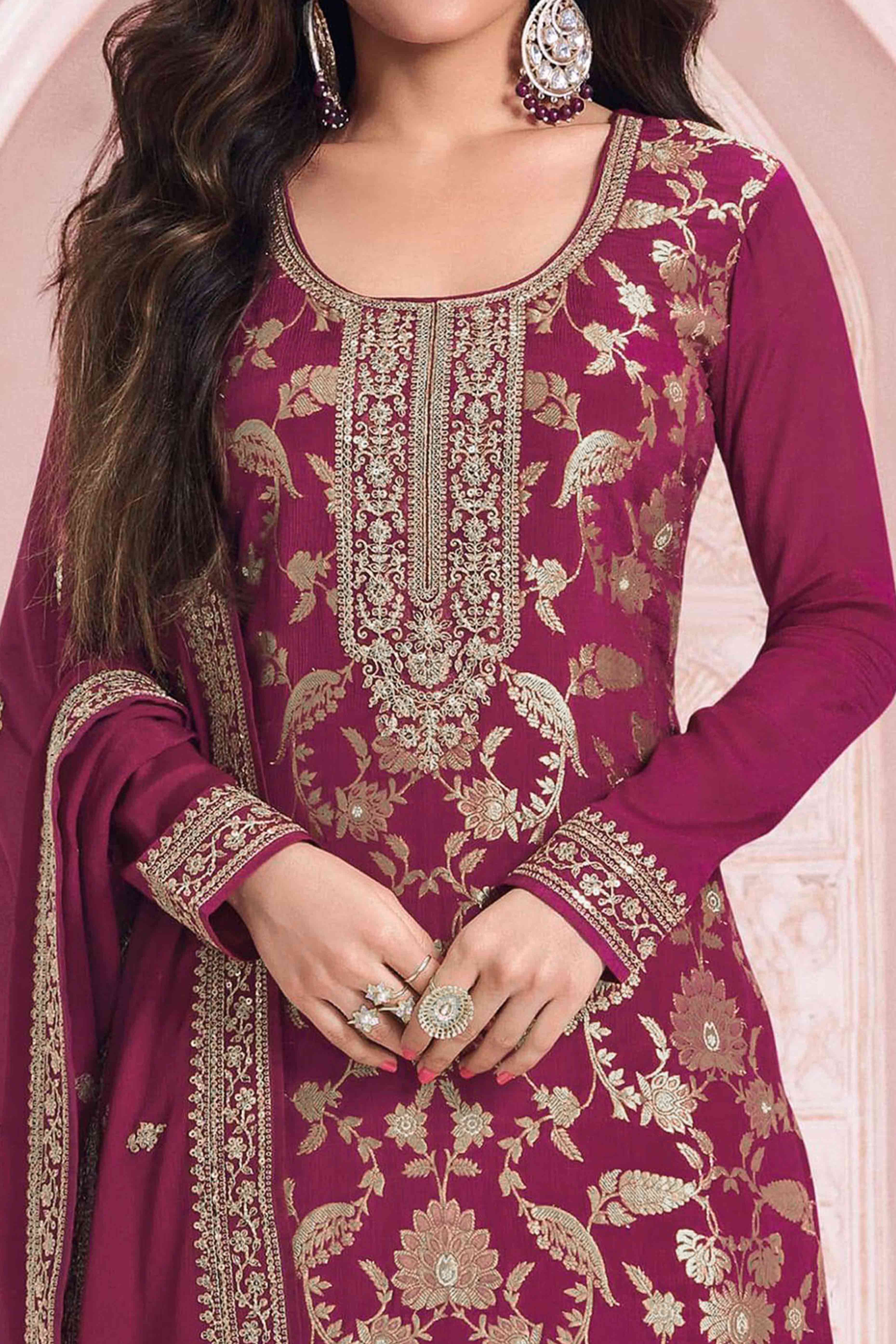 Wine Woven With Embroidered Jacquard Viscose Semi Stitched Salwar Suit