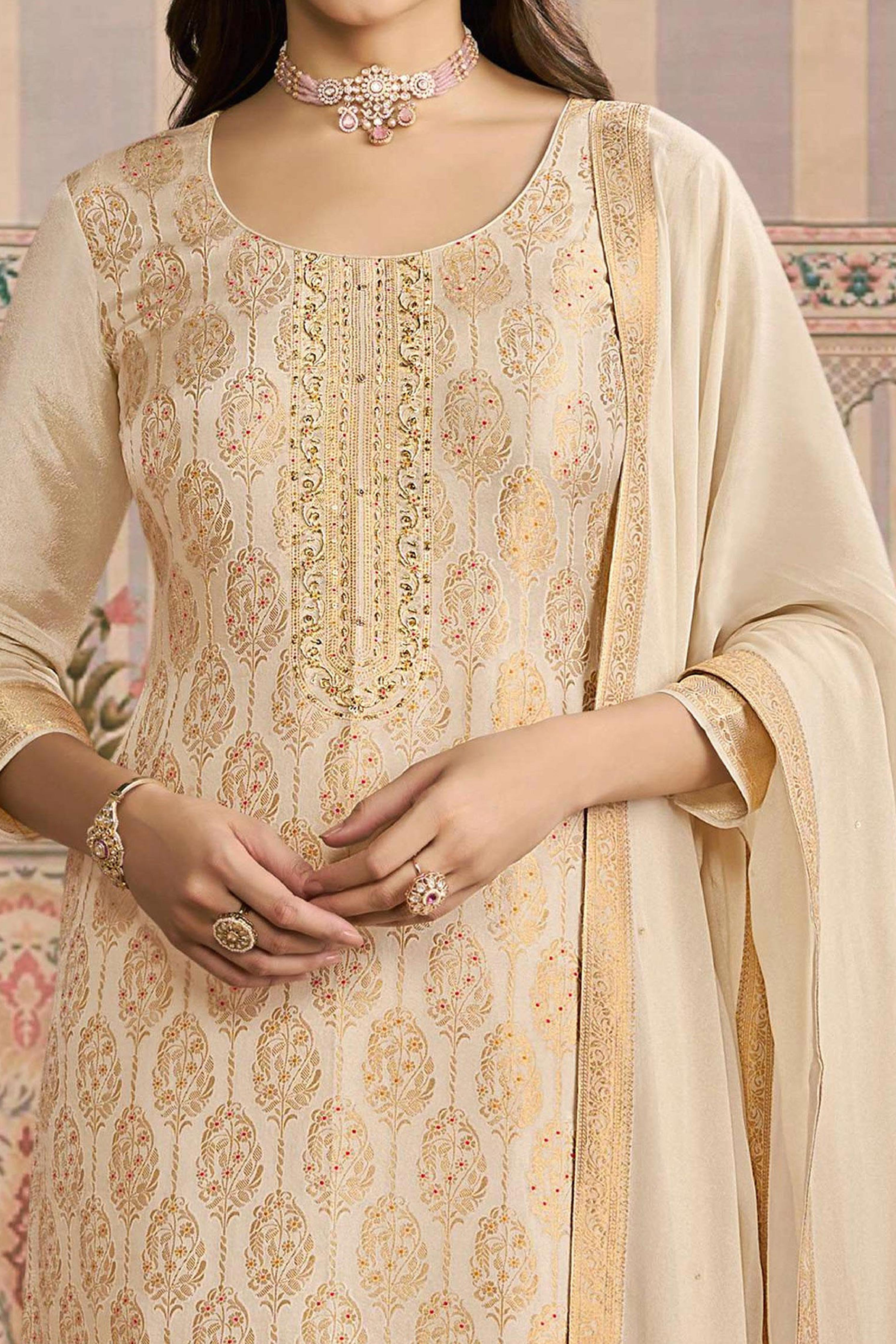 Cream Pakistani Embroidered Viscose Semi-Stitched Suit Material with Dupatta