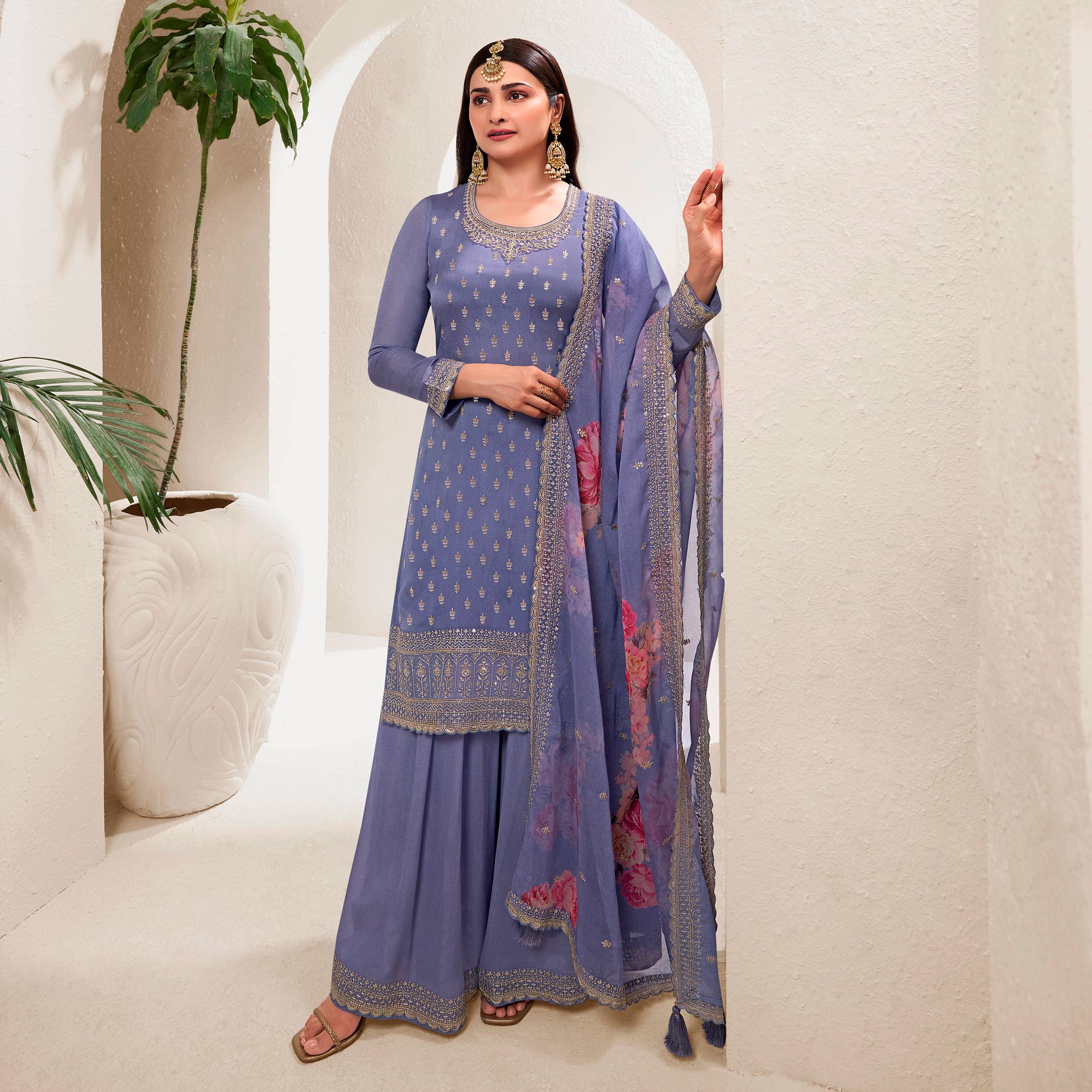 Violet Embroidered Chinon Semi Stitched Dress Material With Palazzo