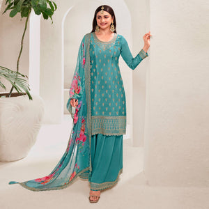 Teal Embroidered Chinon Semi Stitched Dress Material With Palazzo