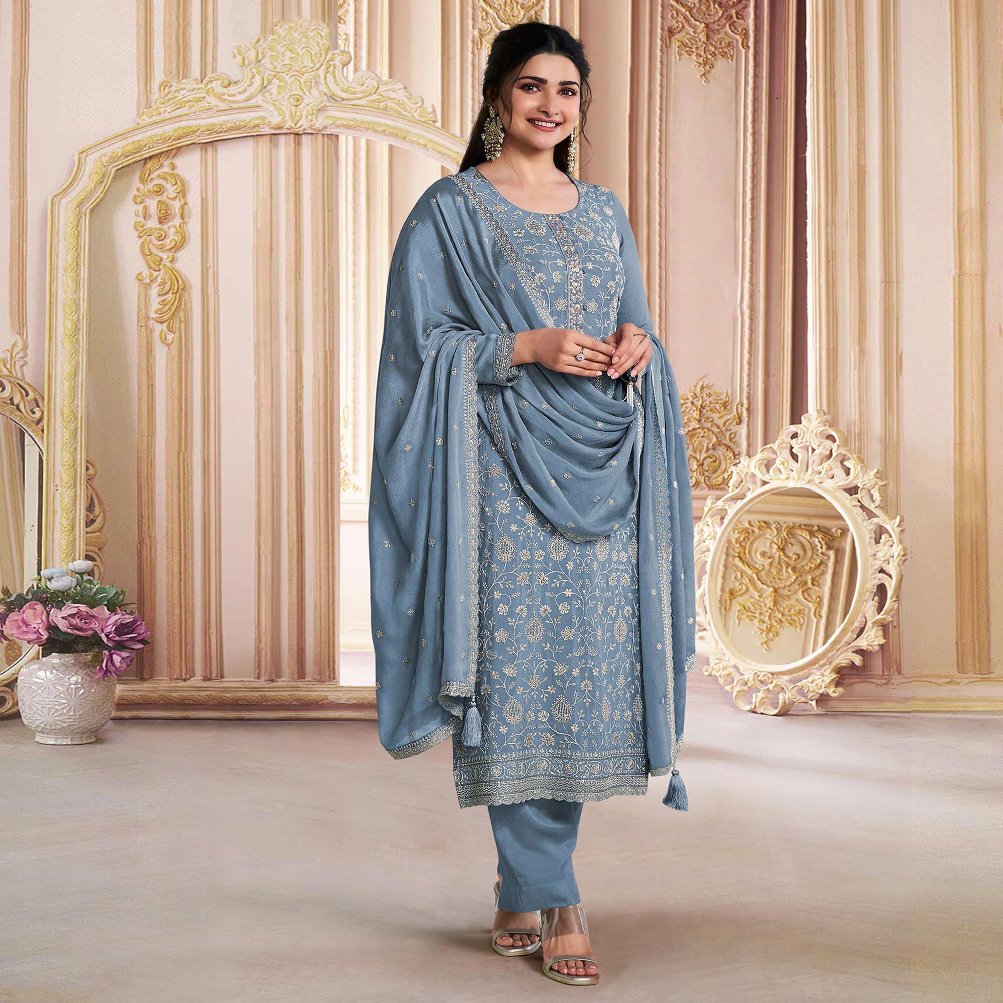 Grey Embroidered With Diamond Work Chinon Silk Semi Stitched Suit