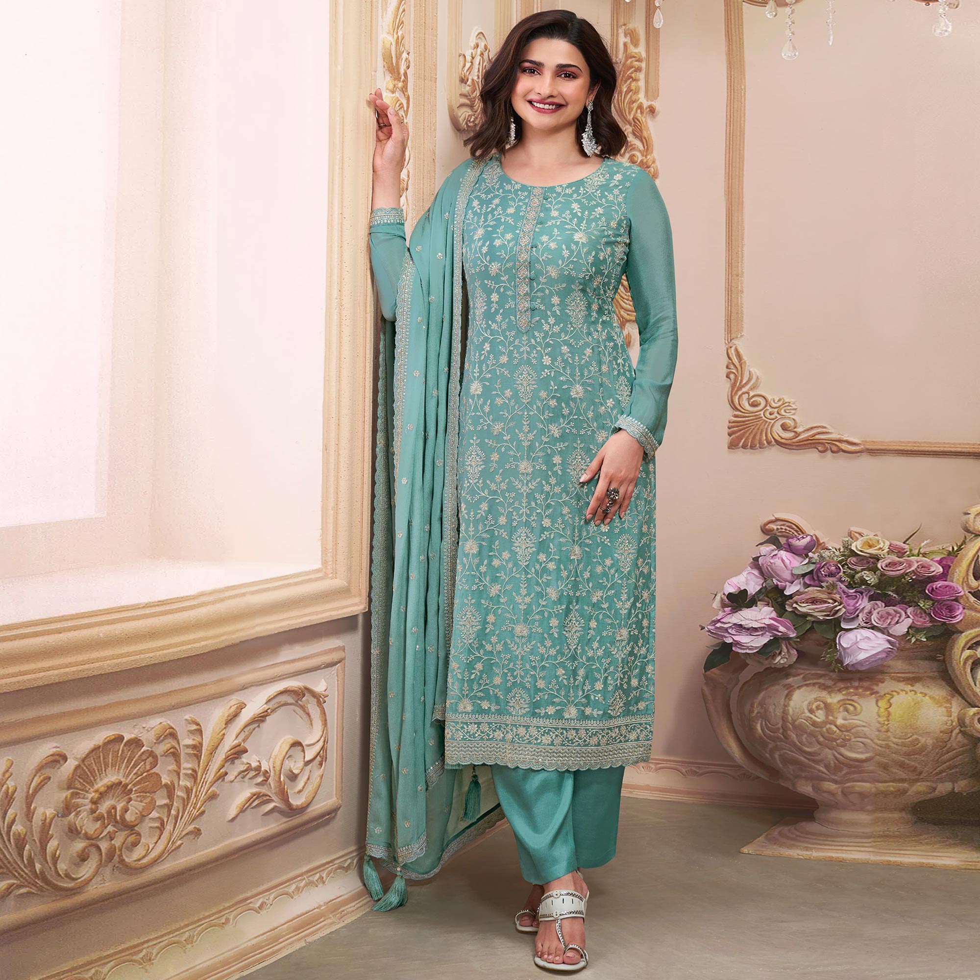 Turquoise Embroidered With Diamond Work Chinon Silk Semi Stitched Suit