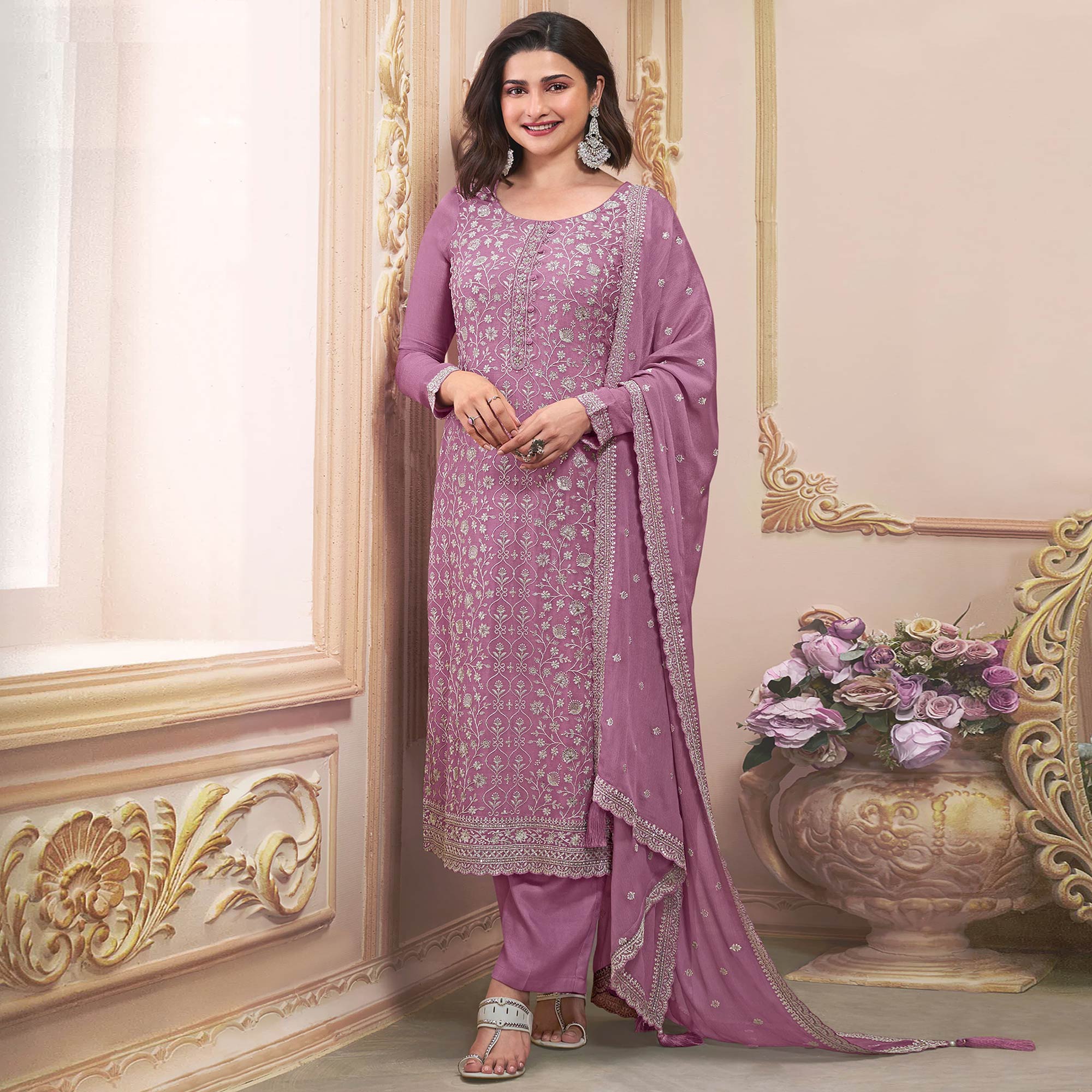 Purple Embroidered With Diamond Work Chinon Silk Semi Stitched Suit