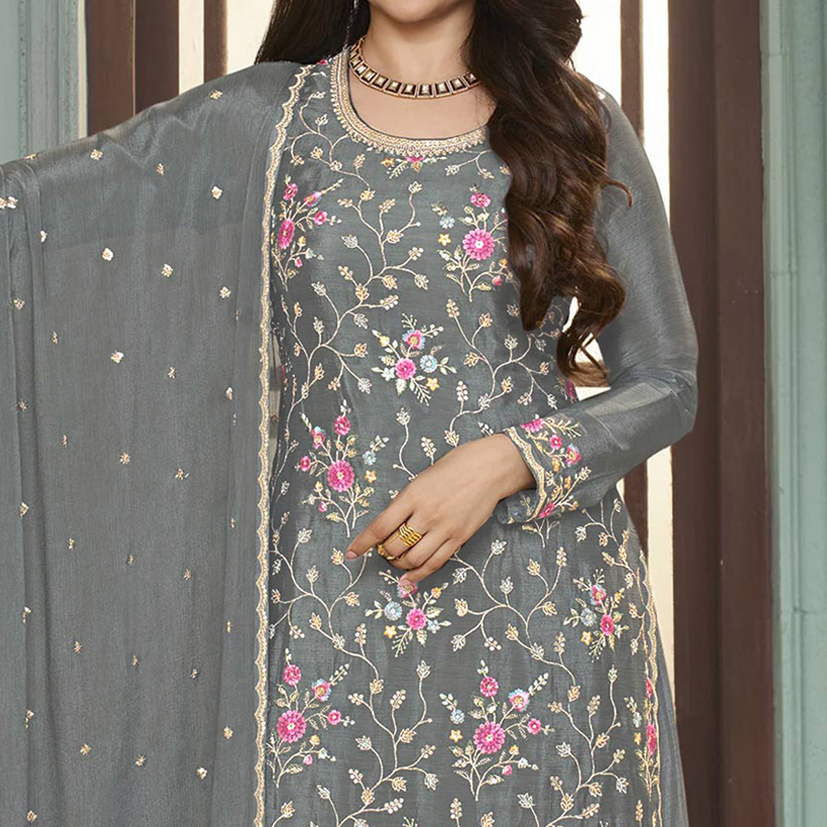 Grey Floral Embroidered Chinon Sharara Salwar Suit