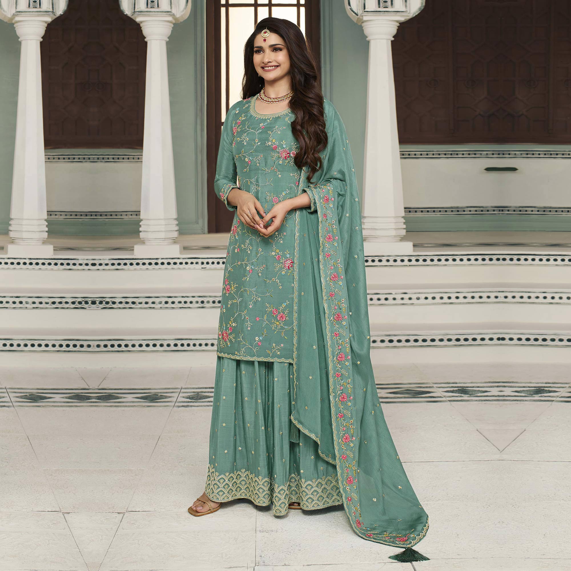Dusty Green Floral Embroidered Chinon Sharara Salwar Suit