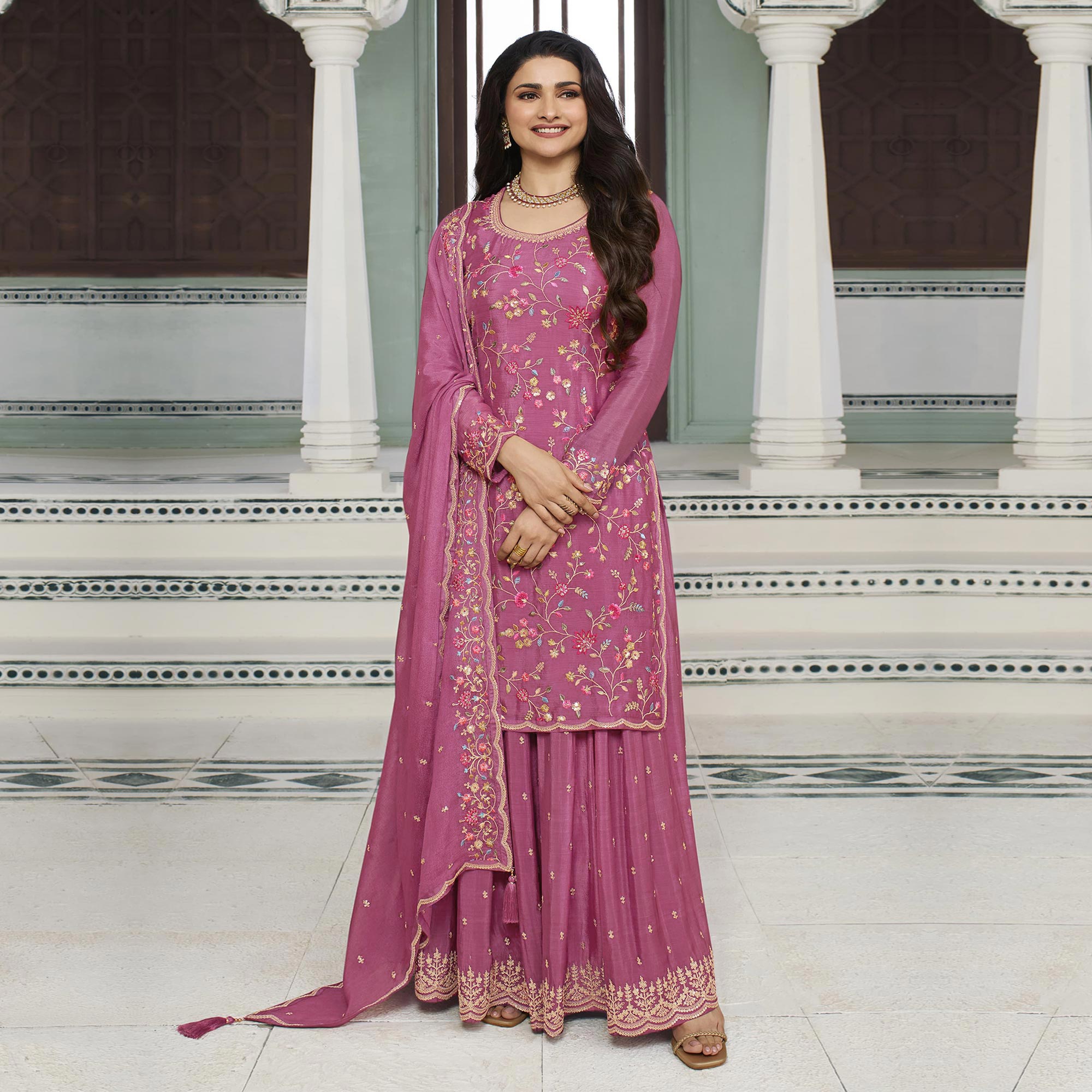Dark Mauve Floral Embroidered Chinon Sharara Salwar Suit