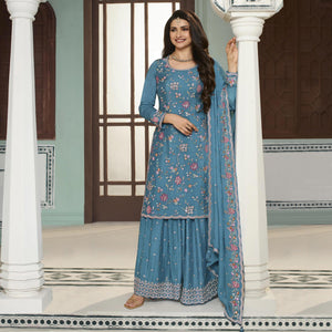 Blue Floral Embroidered Chinon Sharara Salwar Suit