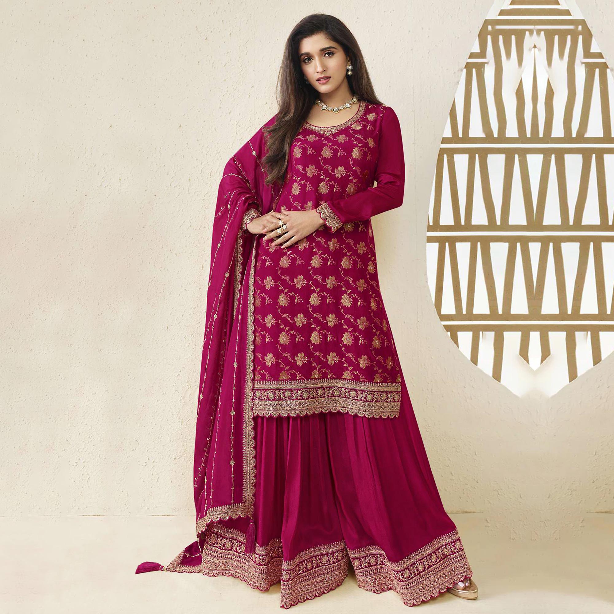 Rani Pink Floral Sequins Embroidered Chinon Semi Stitched Sharara Suit