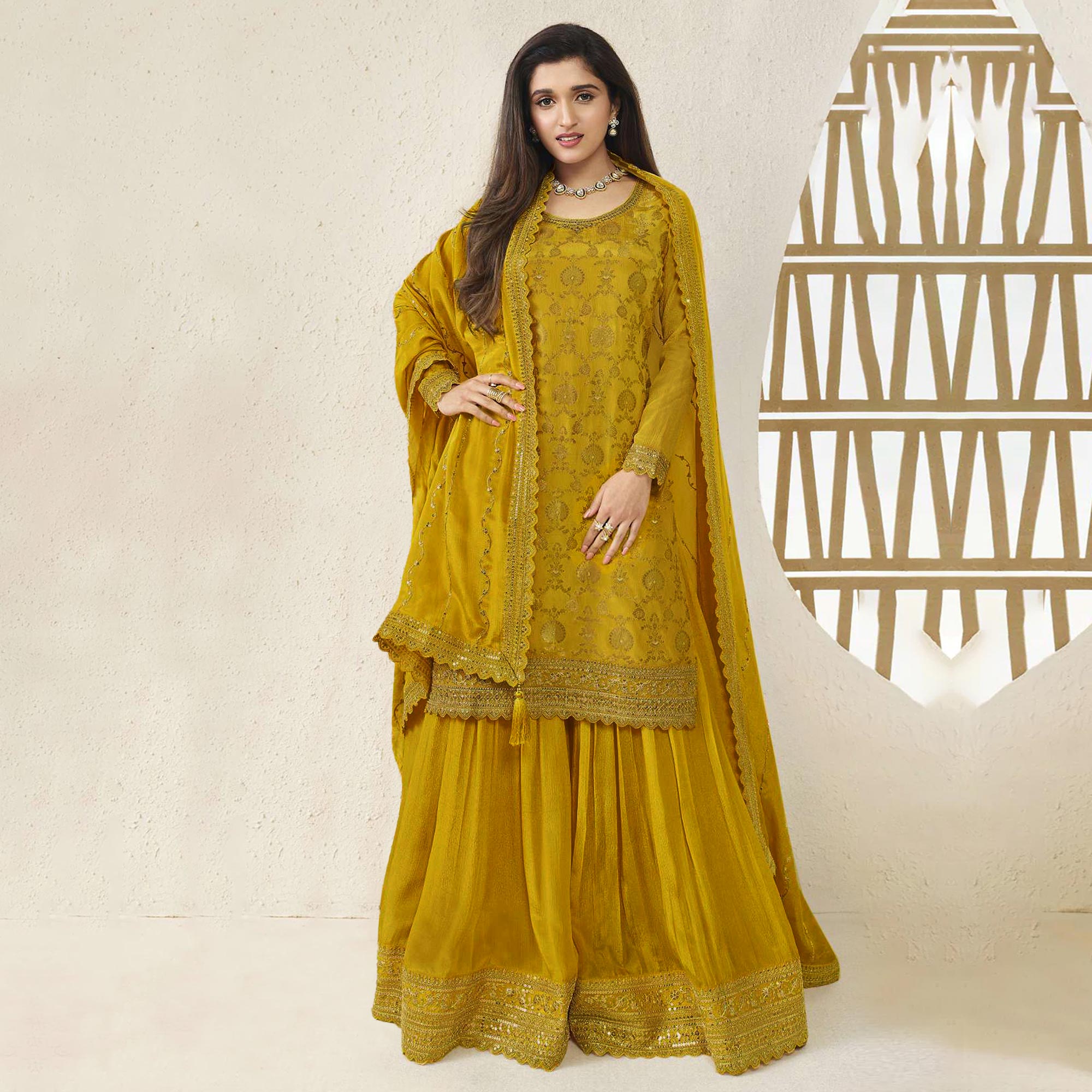 Mustard Floral Sequins Embroidered Chinon Semi Stitched Sharara Suit