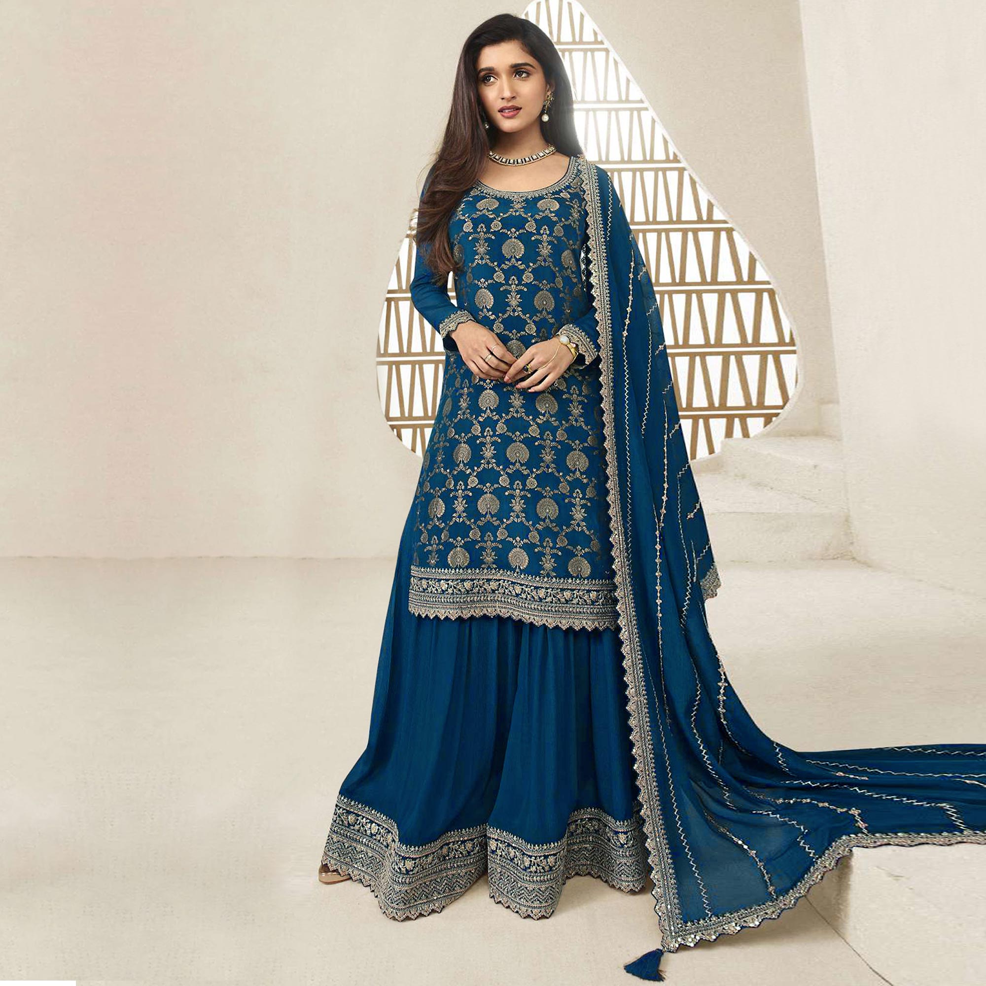 Blue Floral Sequins Embroidered Chinon Semi Stitched Sharara Suit