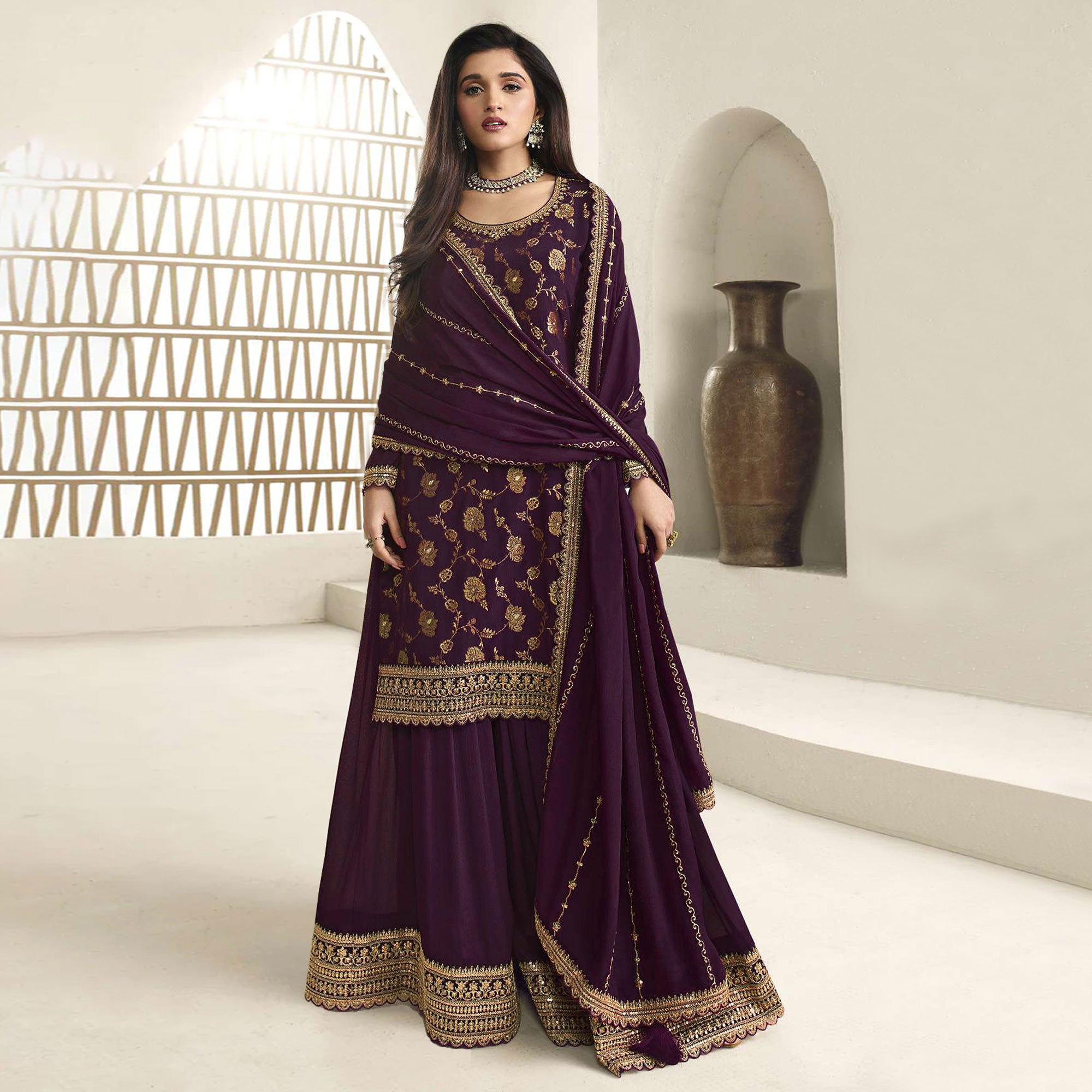 Purple Floral Sequins Embroidered Chinon Semi Stitched Sharara Suit