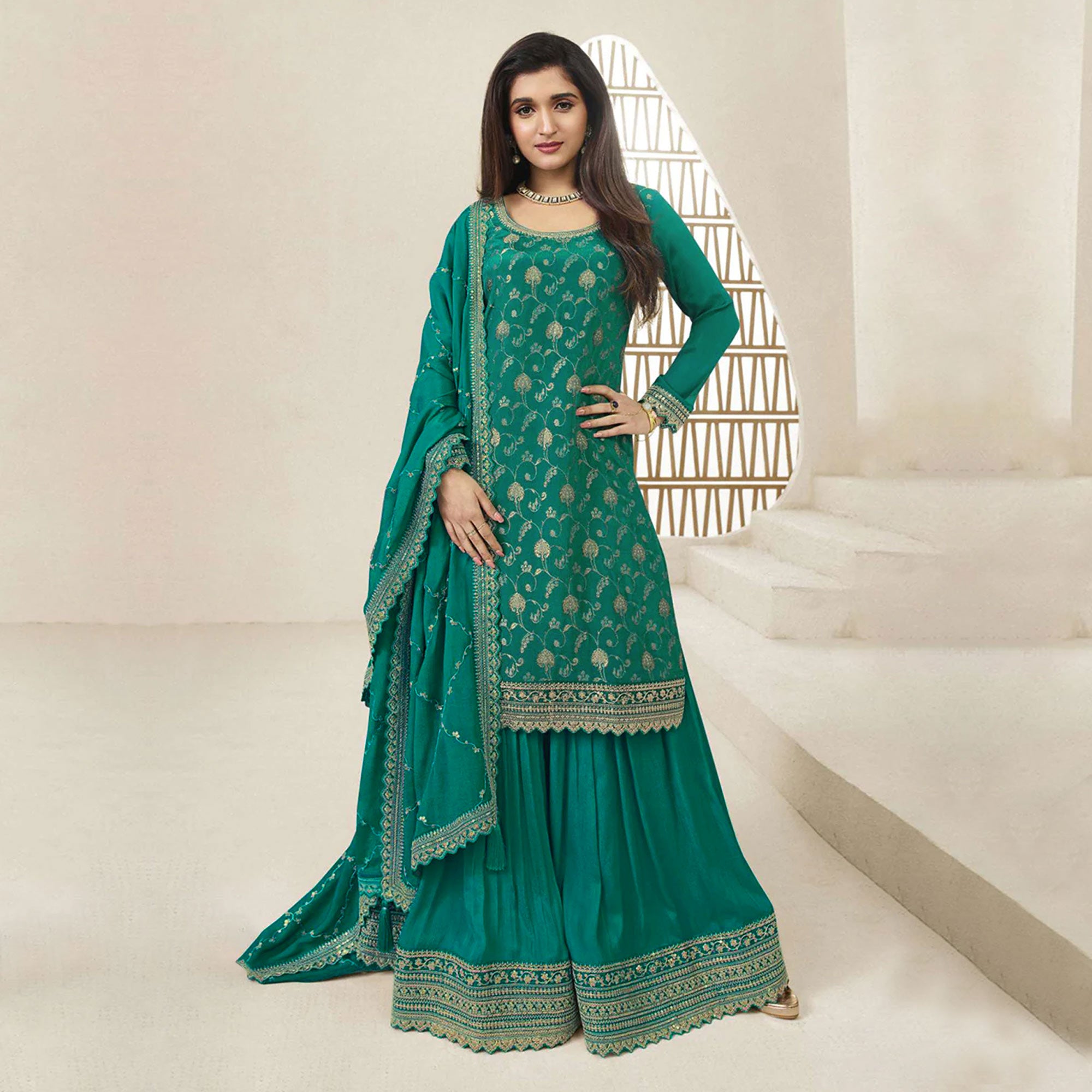 Rama Green Floral Sequins Embroidered Chinon Semi Stitched Sharara Suit