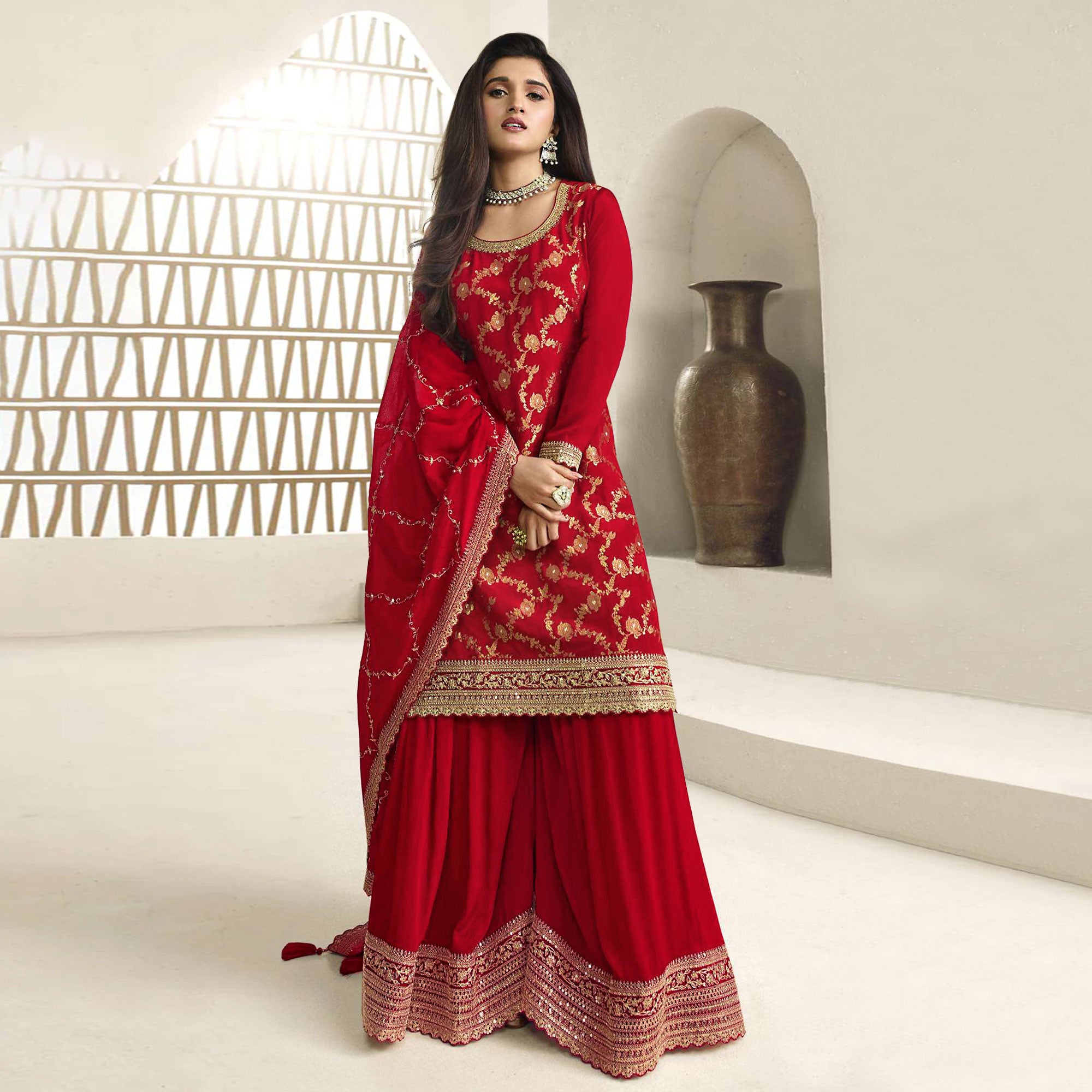 Red Floral Sequins Embroidered Chinon Semi Stitched Sharara Suit