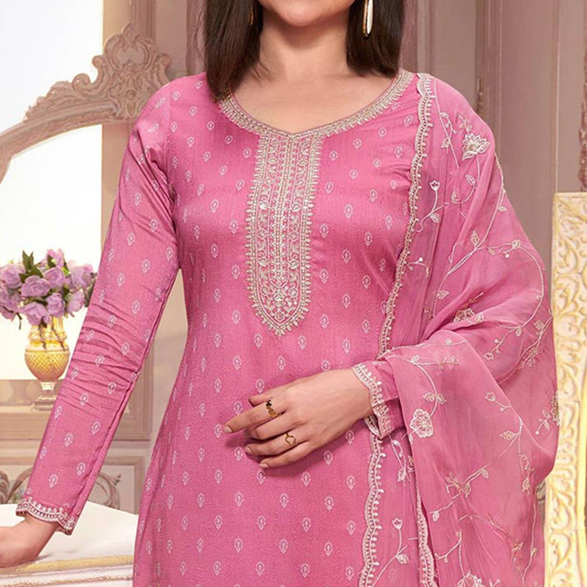 Pink Floral Sequins Embroidered Silk Georgette Semi Stitched Salwar Suit