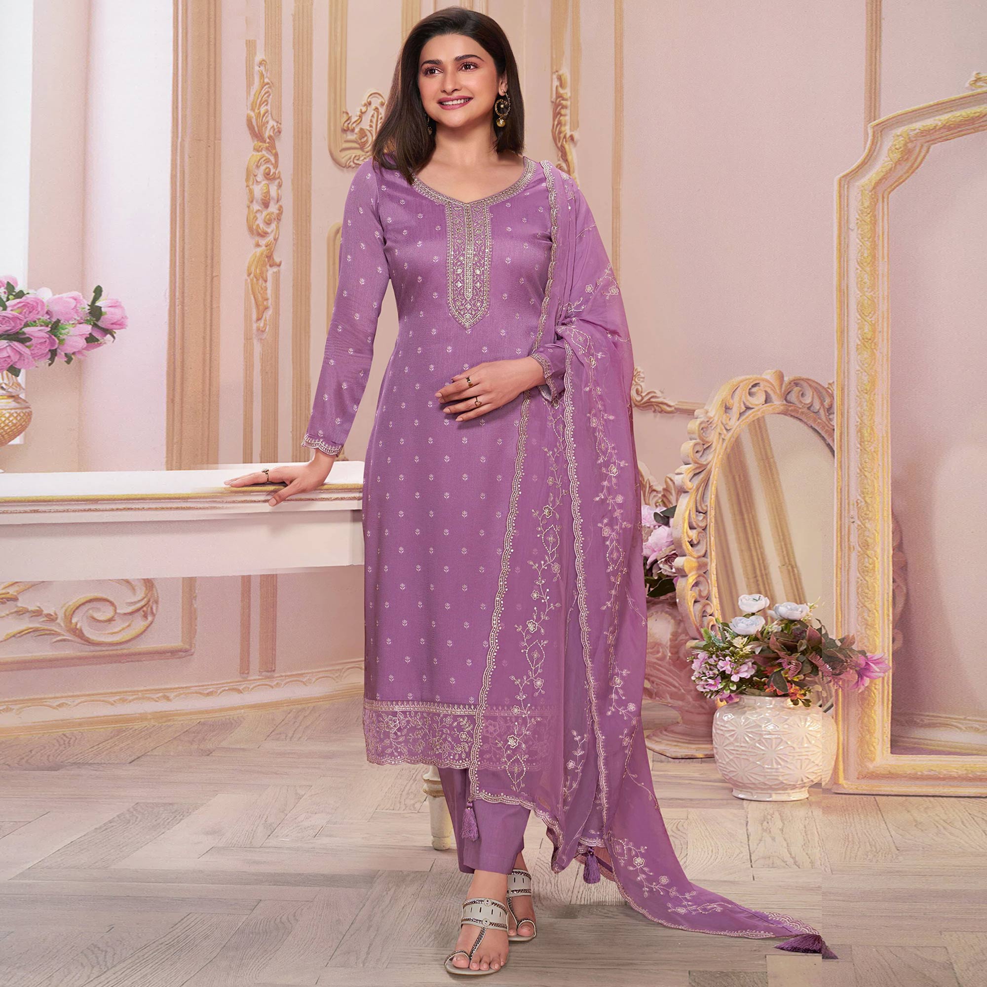 Purple Floral Sequins Embroidered Silk Georgette Semi Stitched Salwar Suit