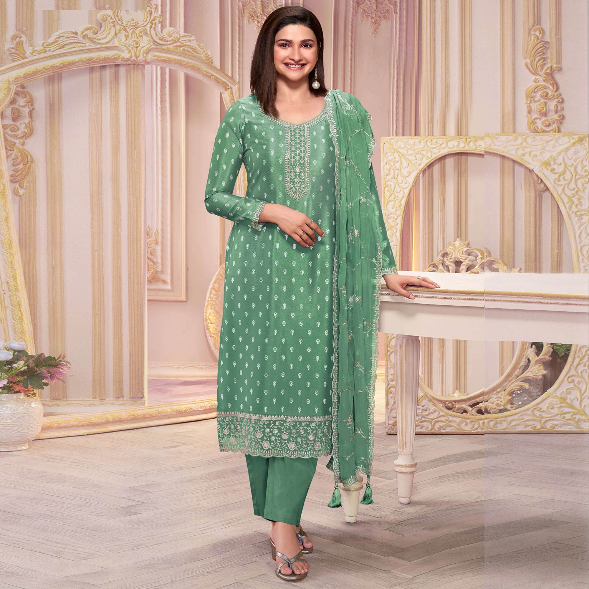 Green Floral Sequins Embroidered Silk Georgette Semi Stitched Salwar Suit