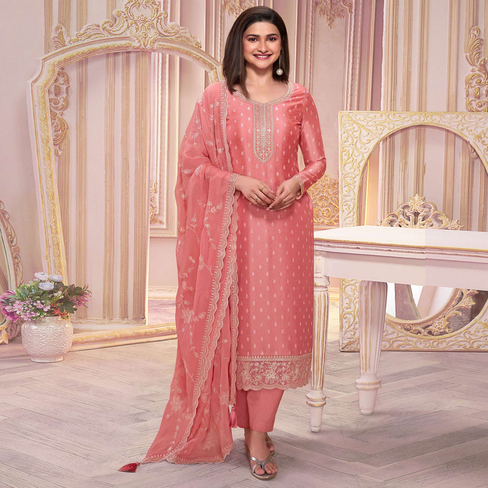 Peach Floral Sequins Embroidered Silk Georgette Semi Stitched Salwar Suit