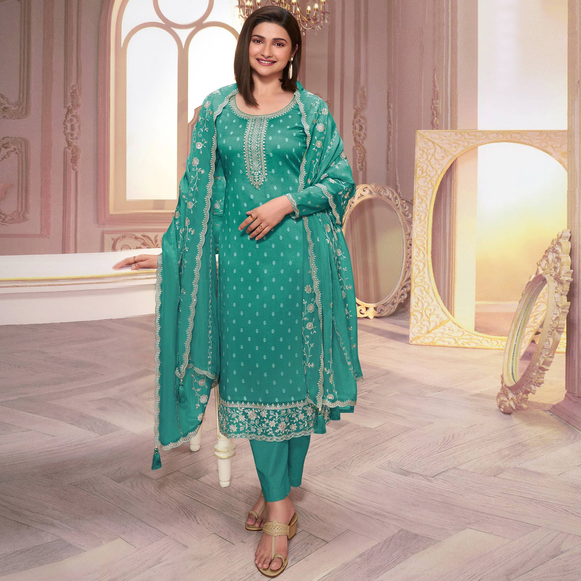 Rama Green Floral Sequins Embroidered Silk Georgette Semi Stitched Salwar Suit