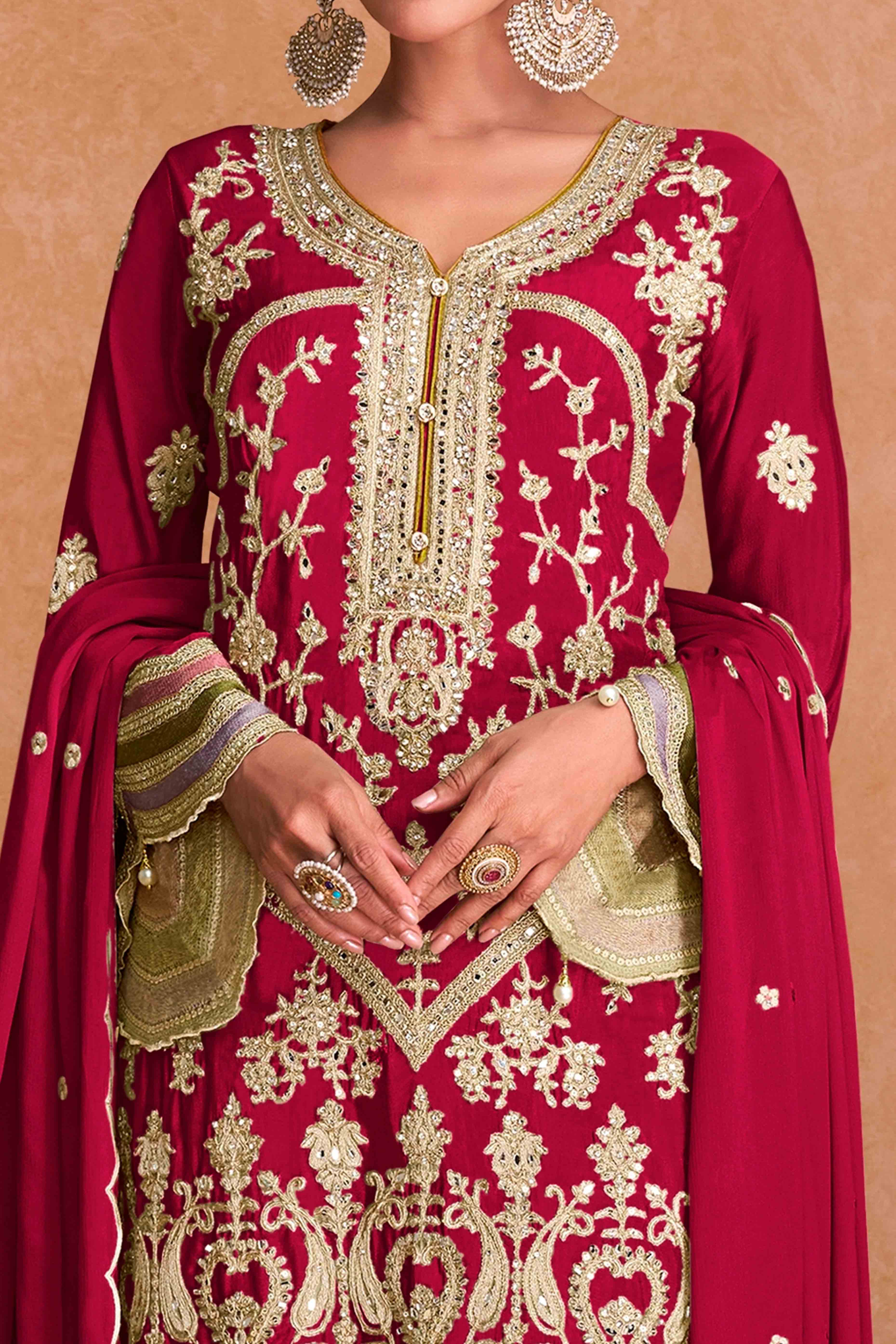 Red Floral Sequins Embroidered Chinon Palazzo Suit