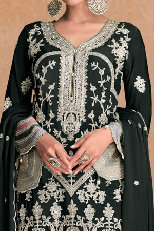 Black Floral Sequins Embroidered Chinon Palazzo Suit