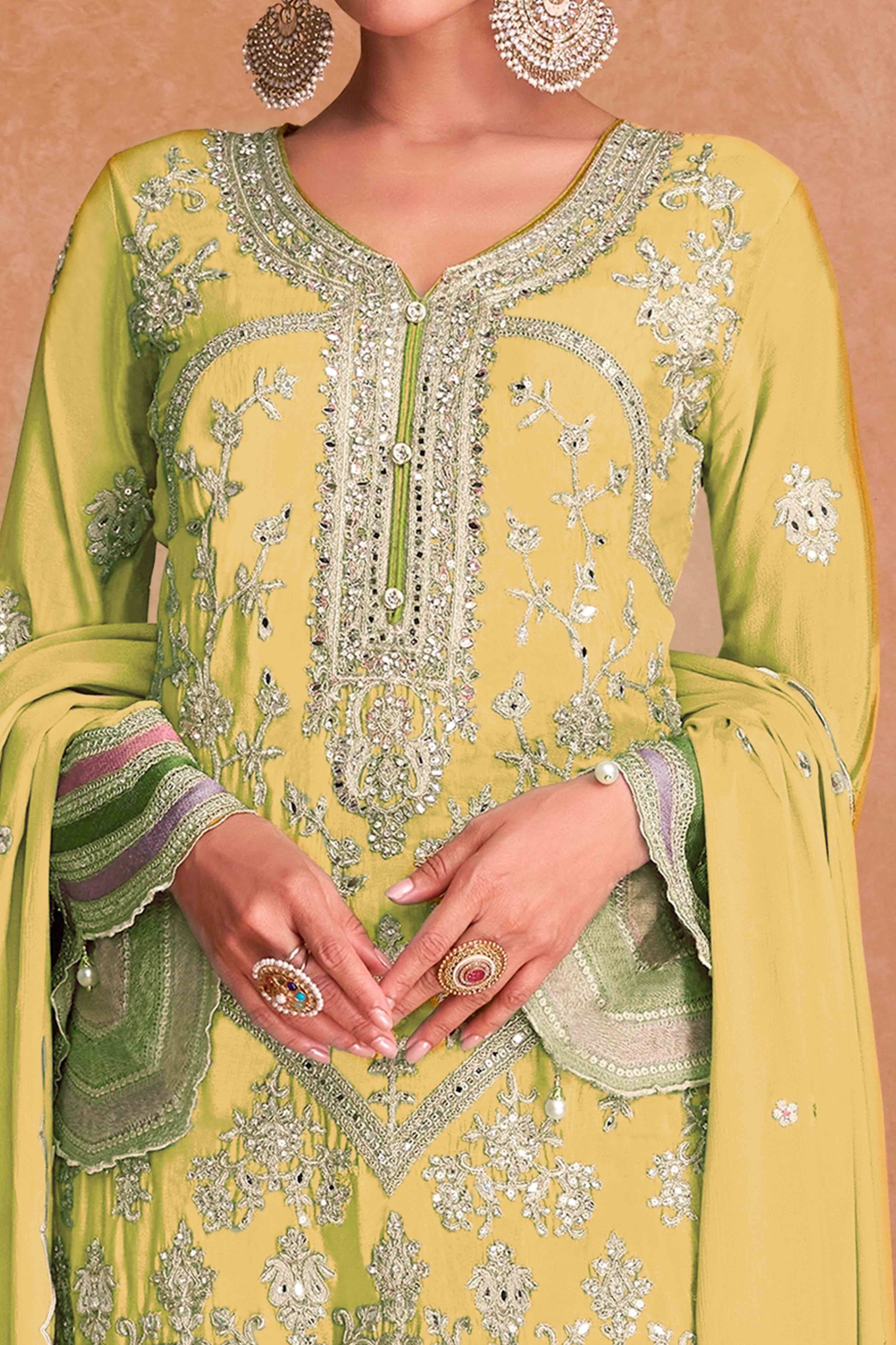 Yellow Floral Sequins Embroidered Chinon Palazzo Suit