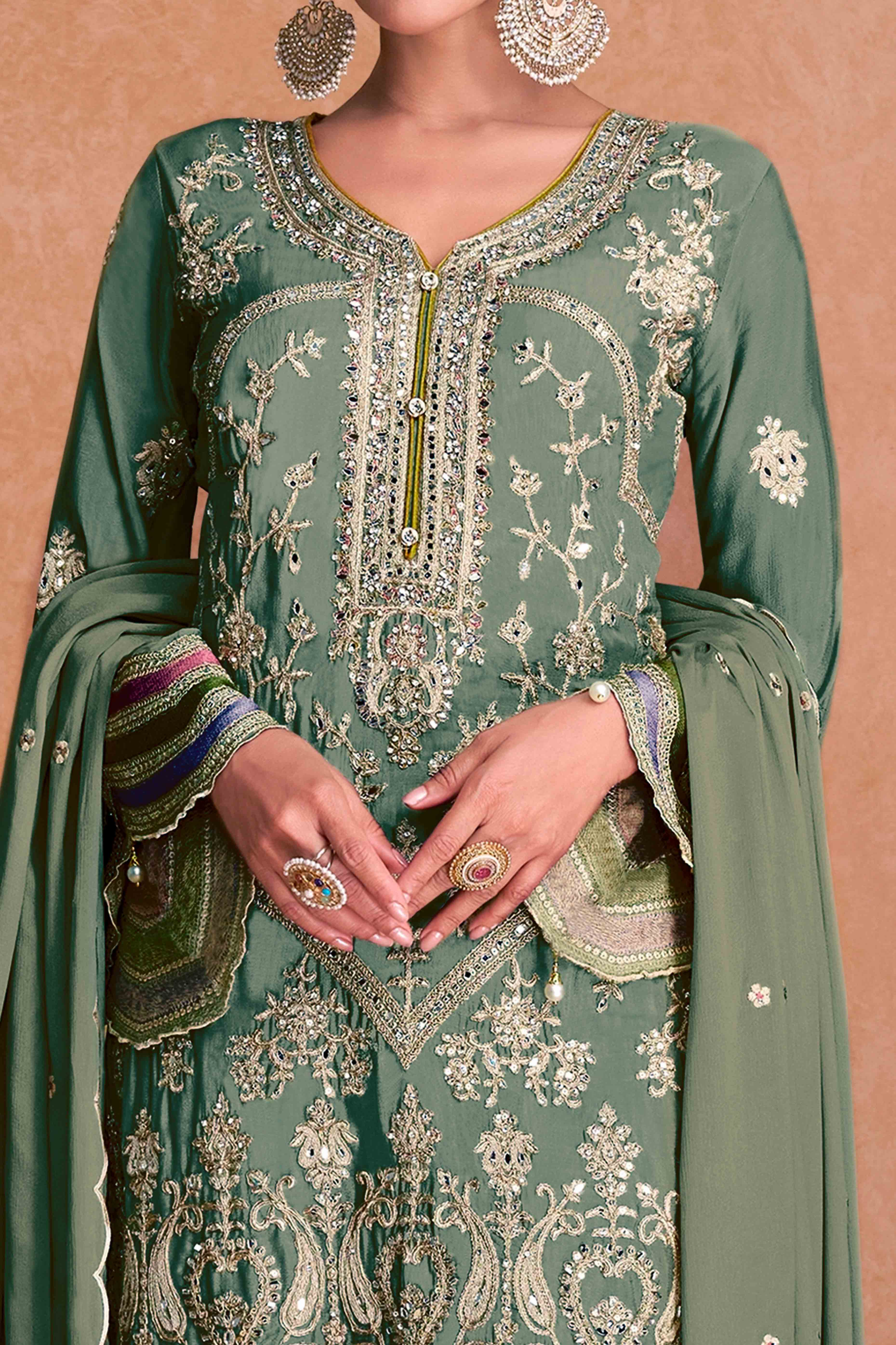 Green Floral Sequins Embroidered Chinon Palazzo Suit