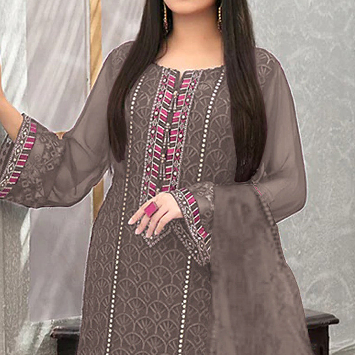 Brown Embroidered Georgette Semi Stitched Pakistani Suit