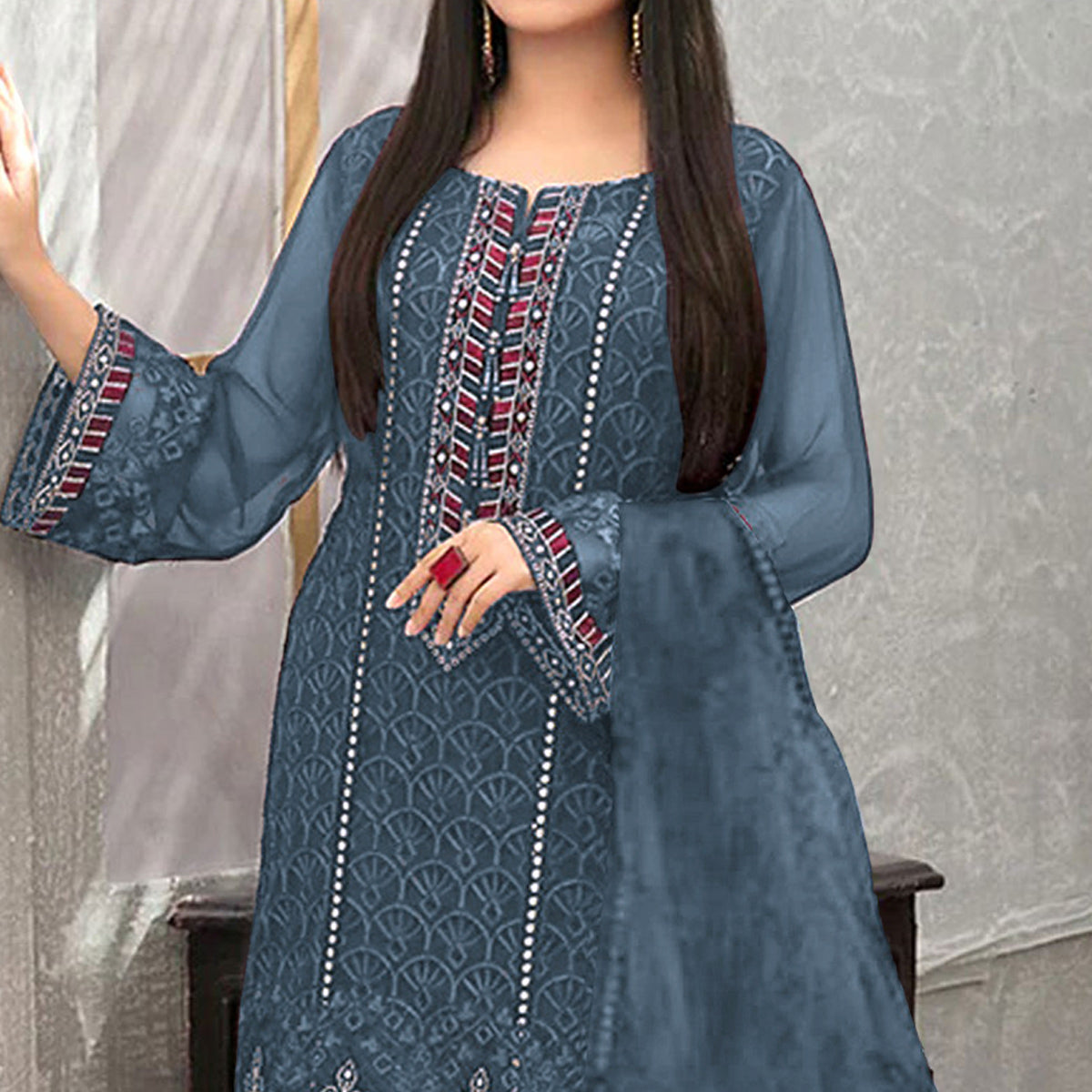 Grey Embroidered Georgette Semi Stitched Pakistani Suit