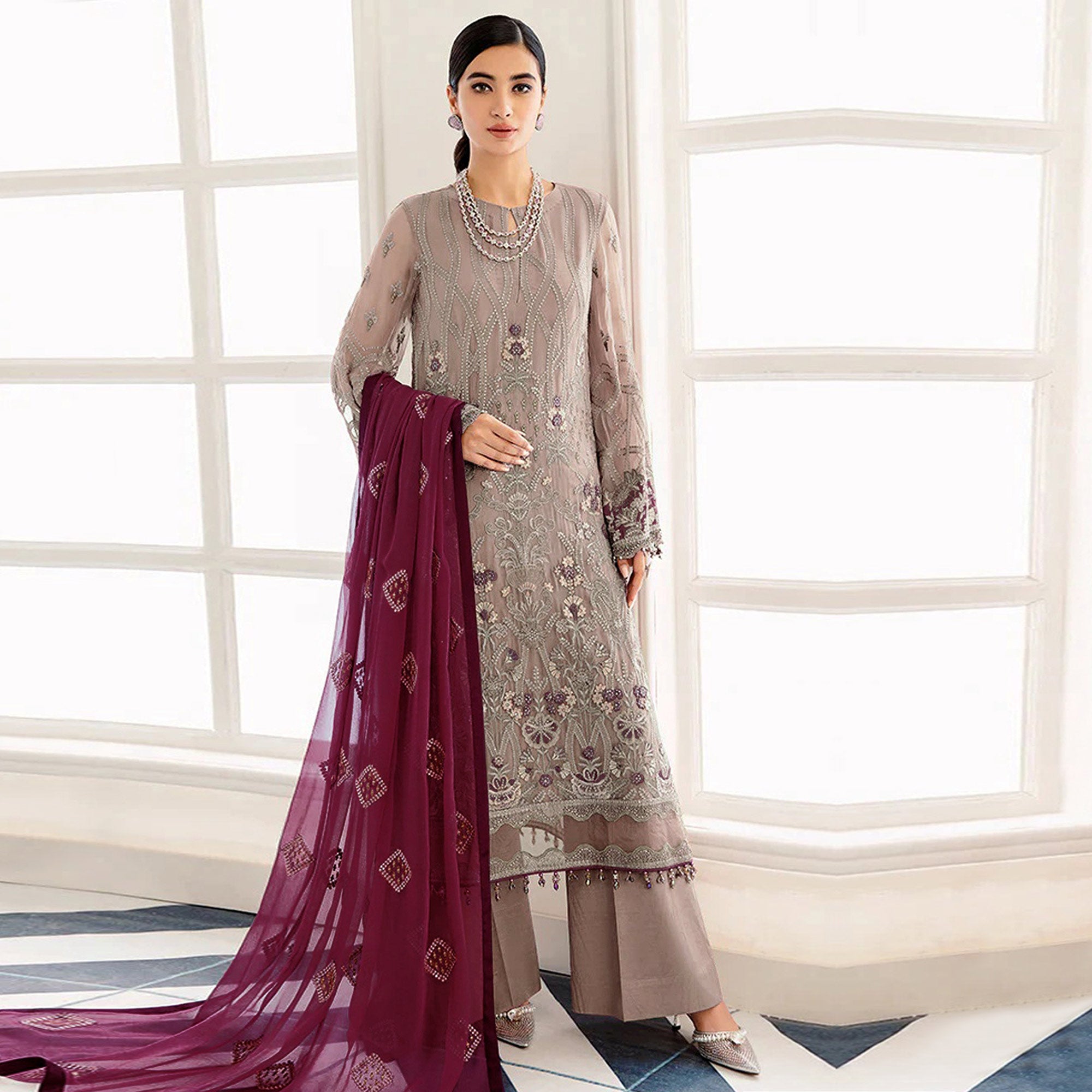 Beige Embroidered Georgette Semi Stitched Pakistani Suit