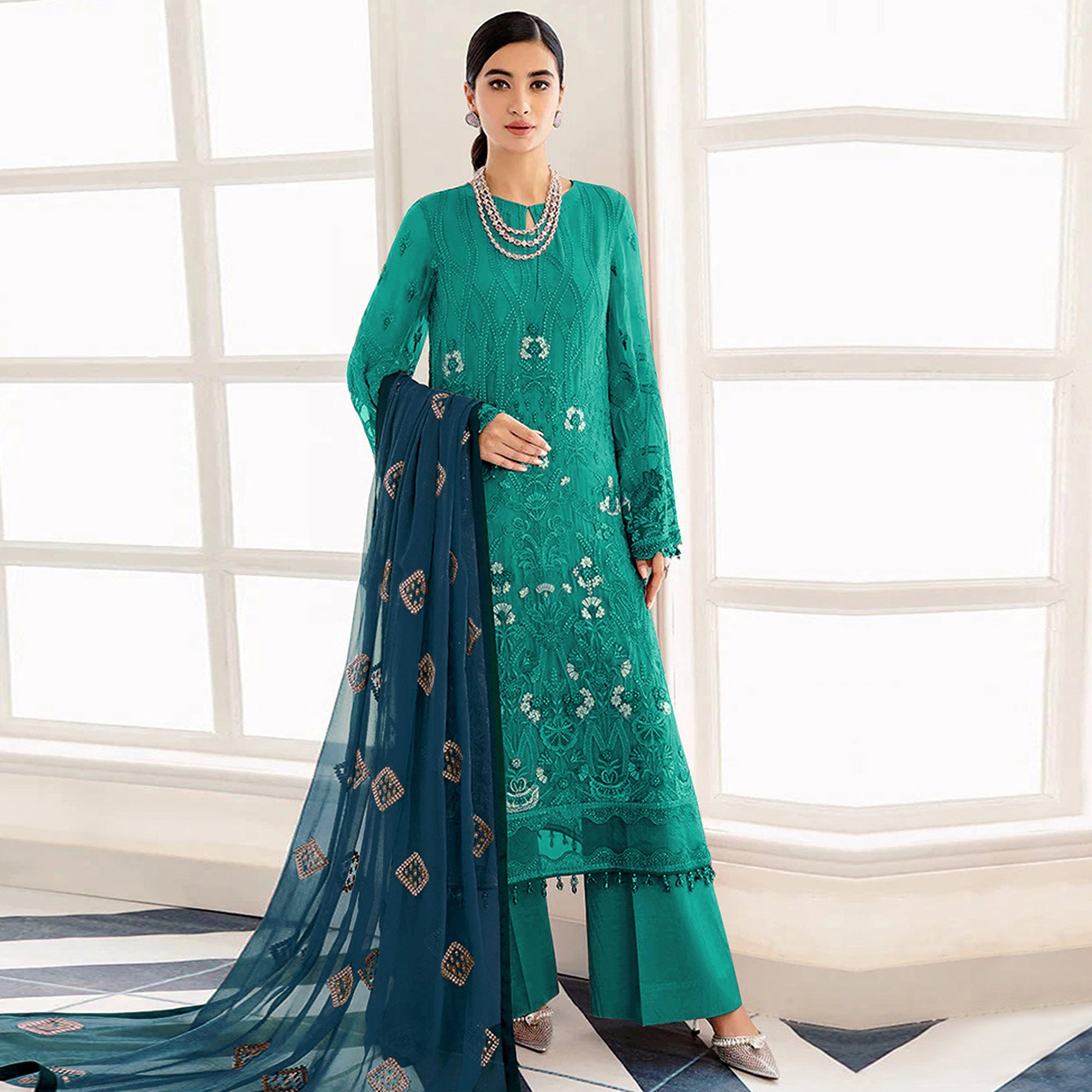 Rama Green Embroidered Georgette Semi Stitched Pakistani Suit