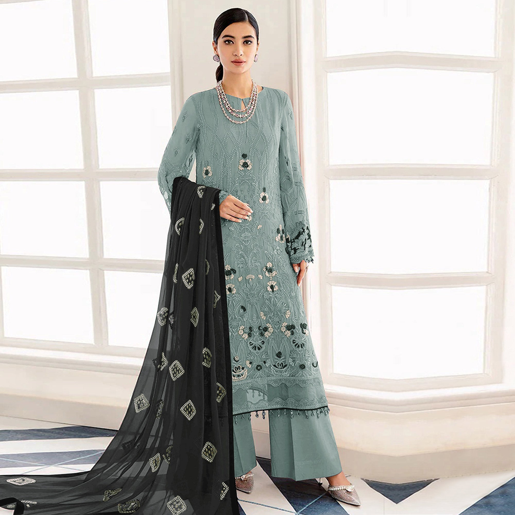 Grey Embroidered Georgette Semi Stitched Pakistani Suit